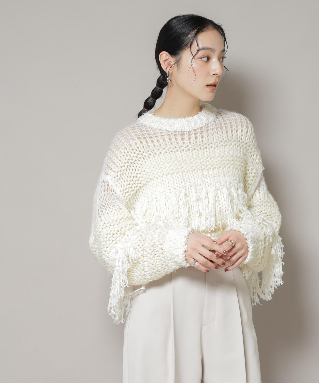 異素材ボーダーフリンジニットプルオーバー 6695222326