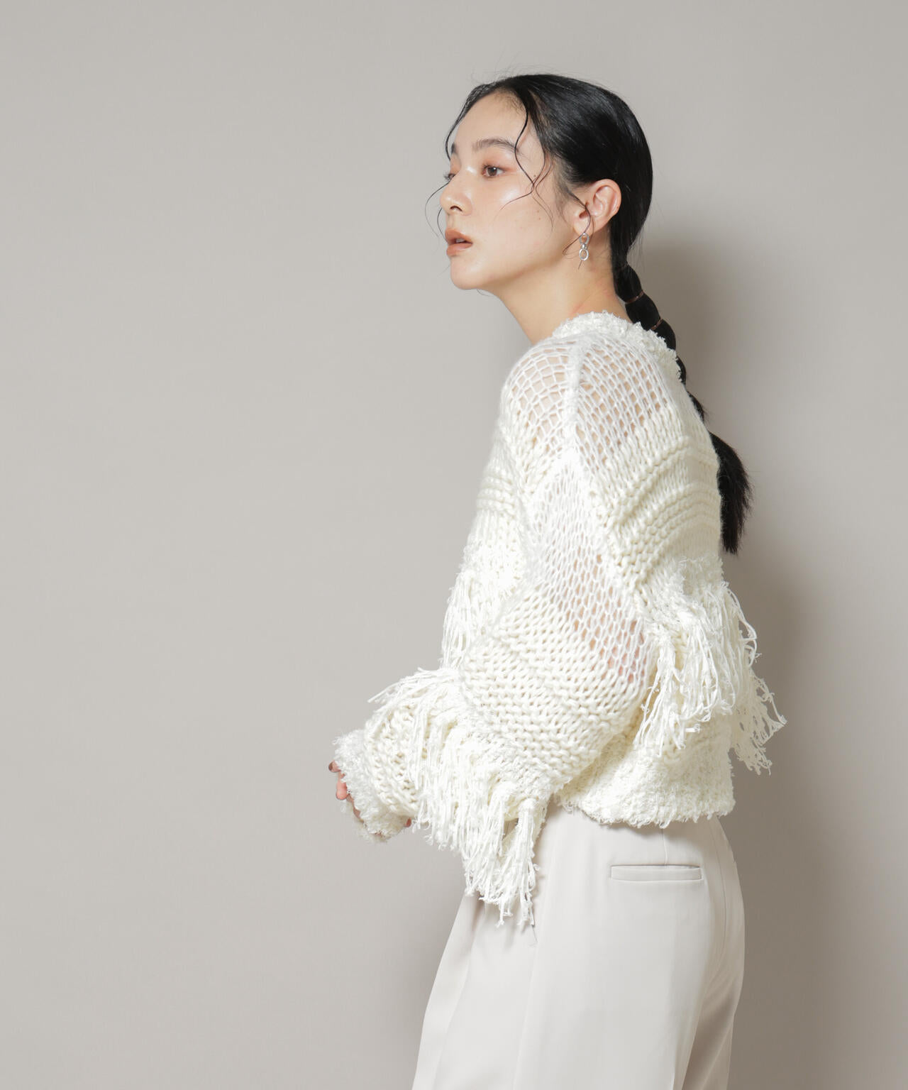 異素材ボーダーフリンジニットプルオーバー 6695222326