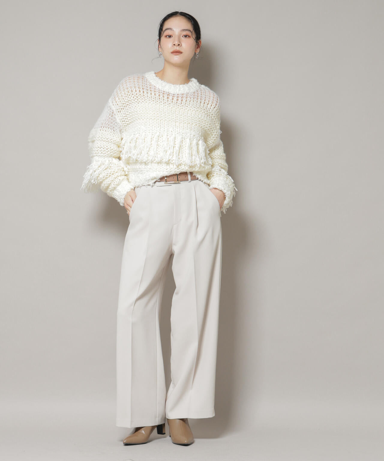 異素材ボーダーフリンジニットプルオーバー 6695222326