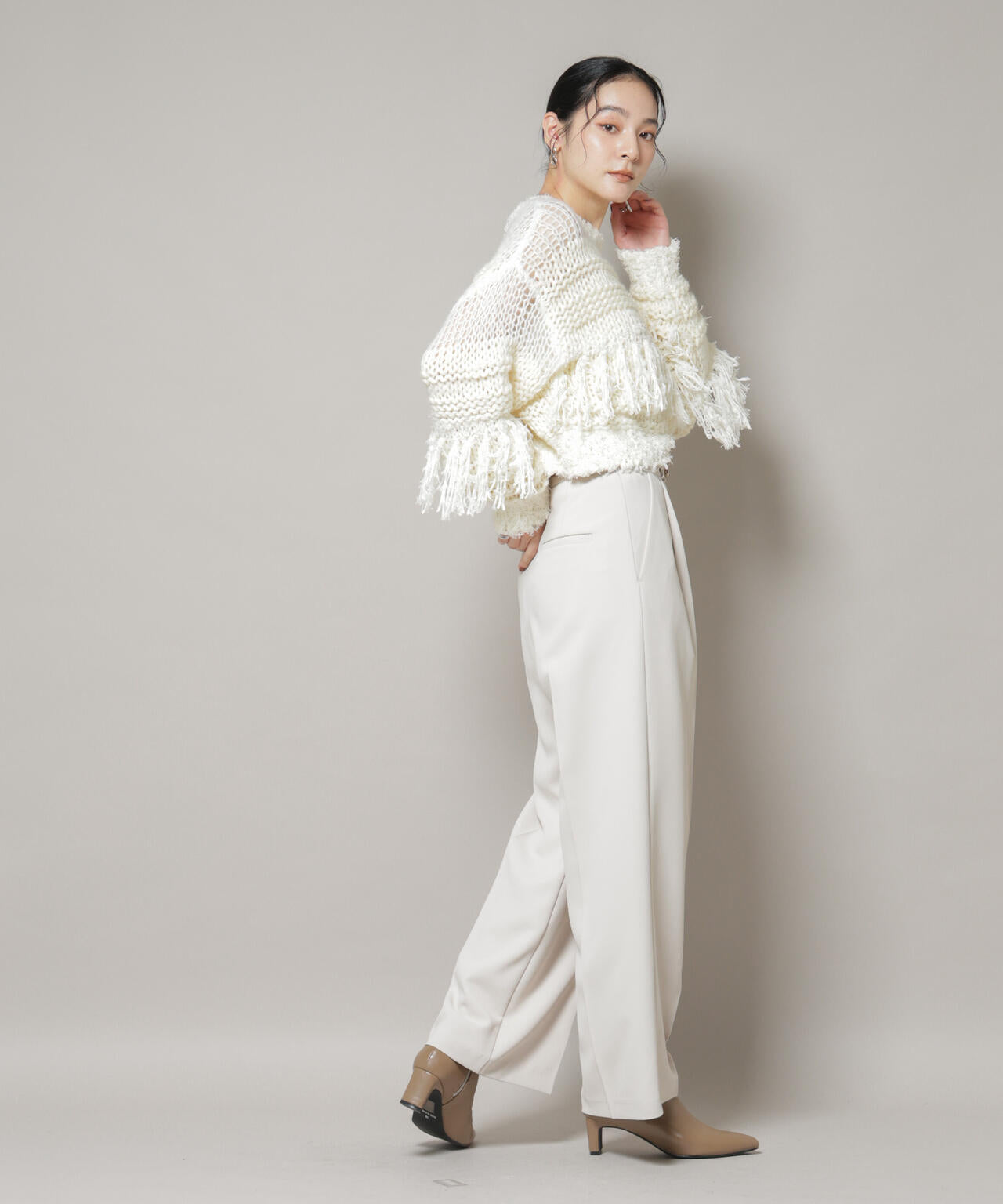 異素材ボーダーフリンジニットプルオーバー 6695222326