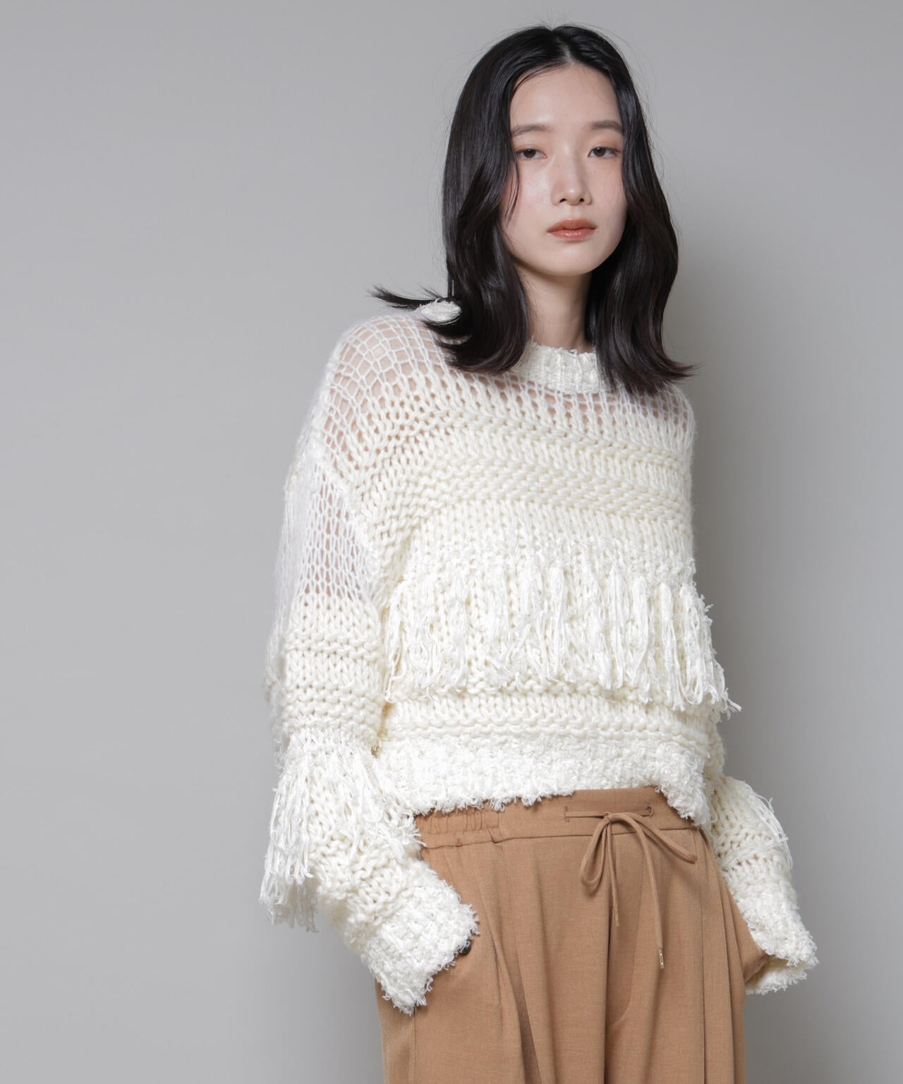 異素材ボーダーフリンジニットプルオーバー 6695222326