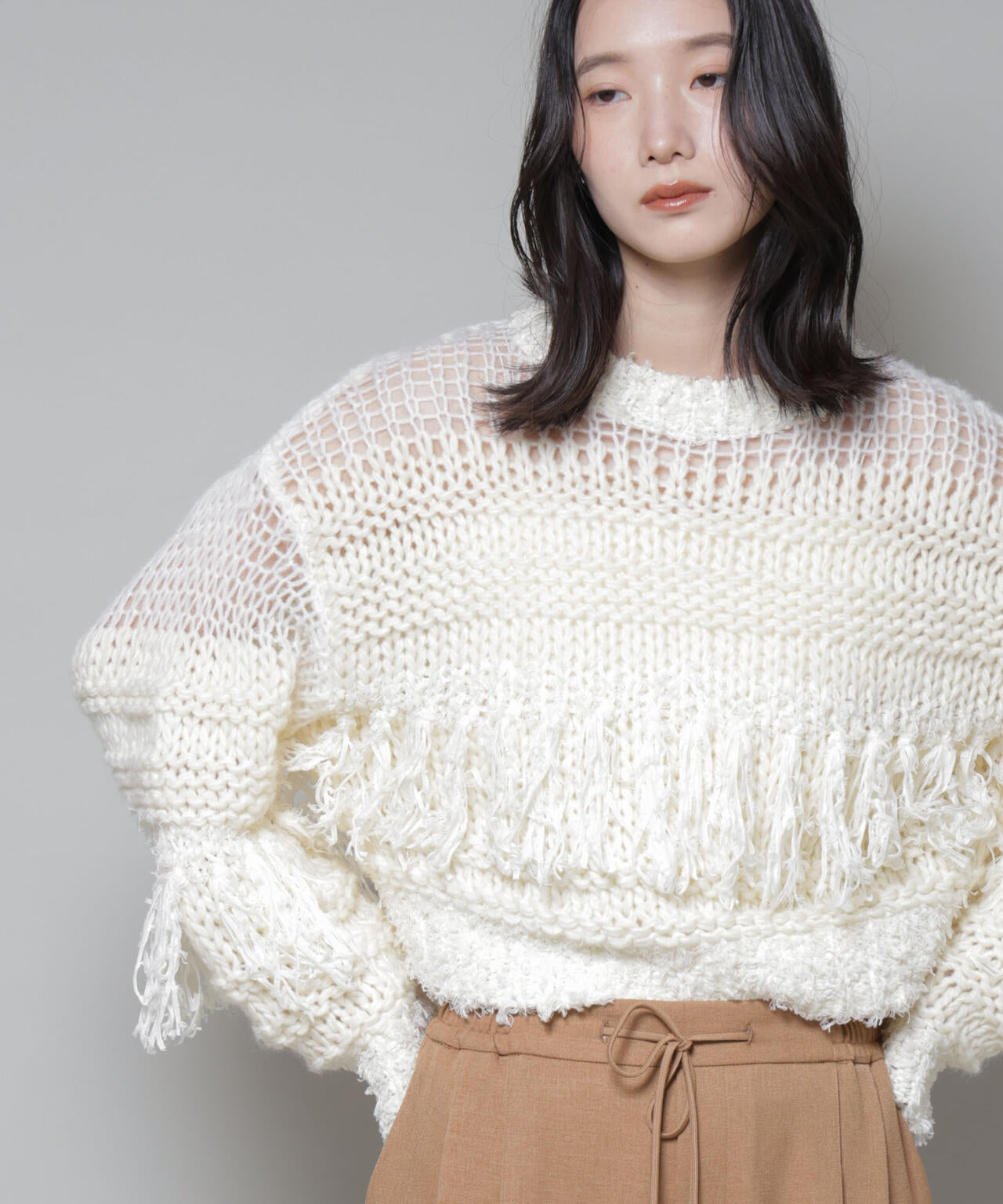 異素材ボーダーフリンジニットプルオーバー 6695222326