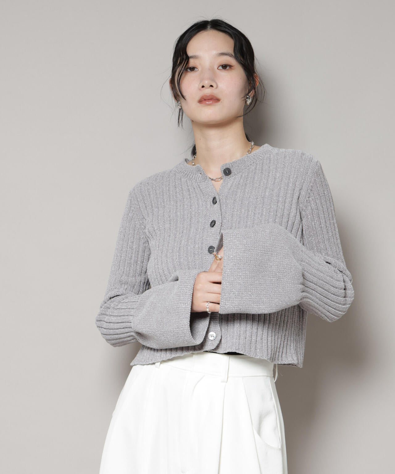 ラメモールワイドリブ前後2WAYフレアスリーブニット(セットアップ可) 6695222334