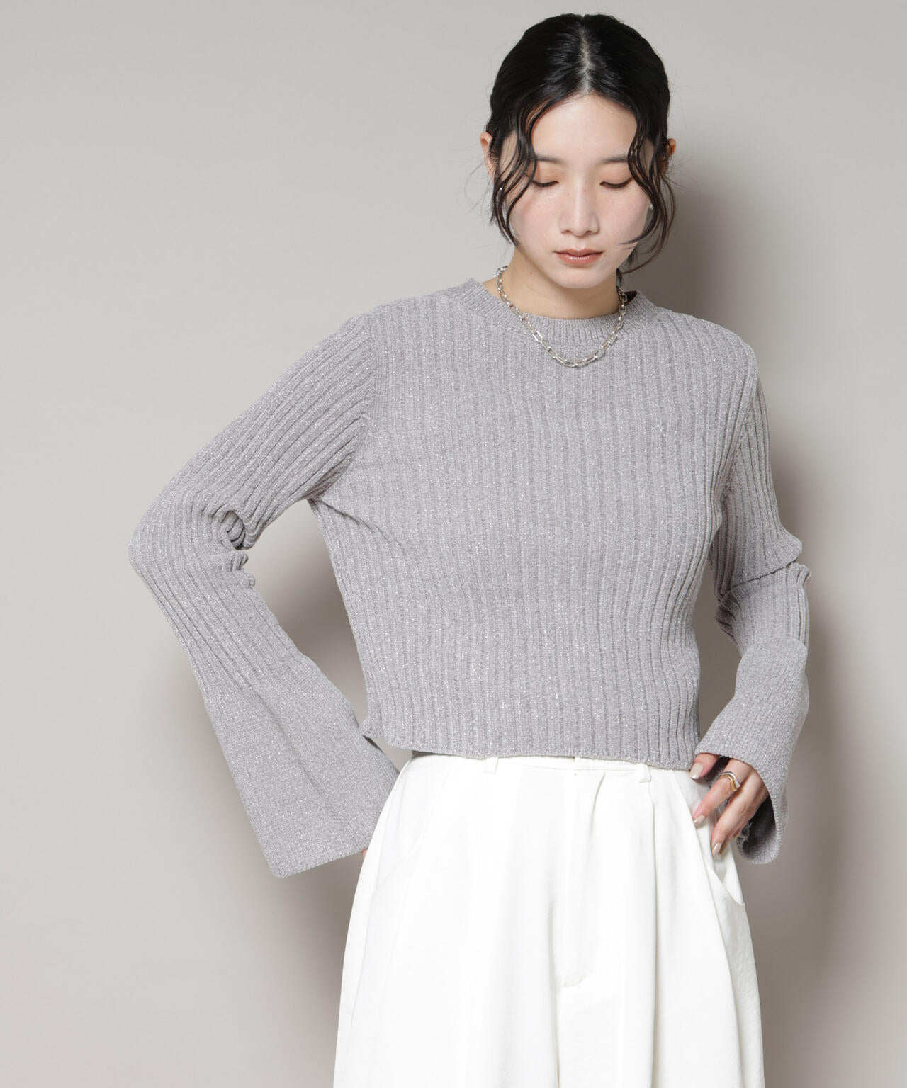 ラメモールワイドリブ前後2WAYフレアスリーブニット(セットアップ可) 6695222334