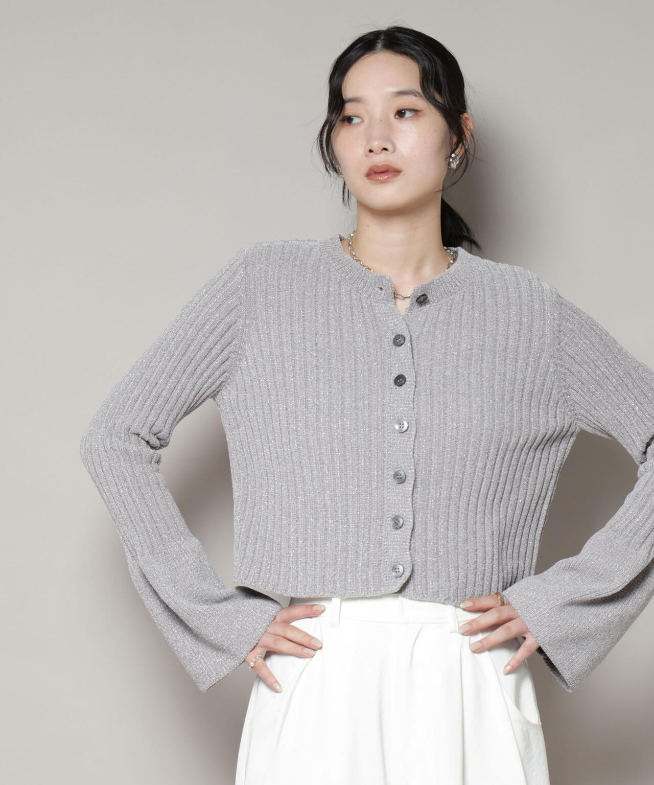 ラメモールワイドリブ前後2WAYフレアスリーブニット(セットアップ可) 6695222334