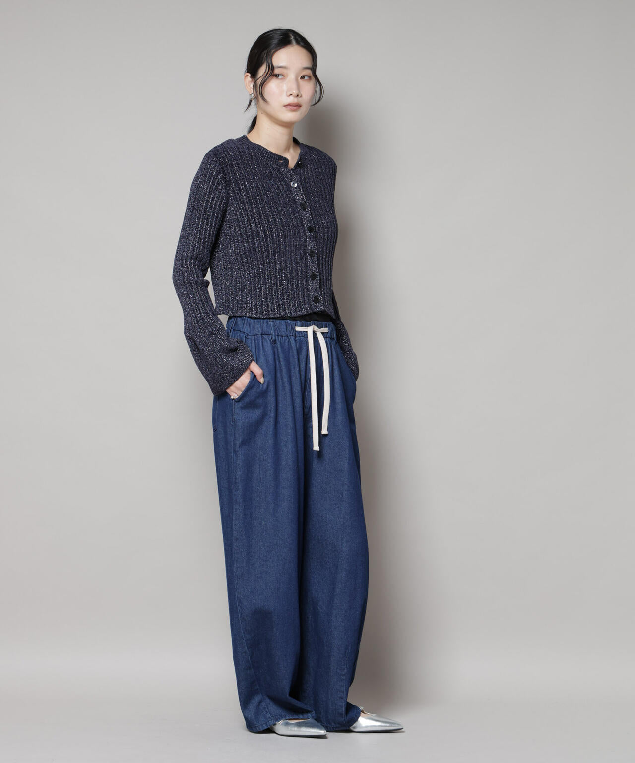 ラメモールワイドリブ前後2WAYフレアスリーブニット(セットアップ可) 6695222334