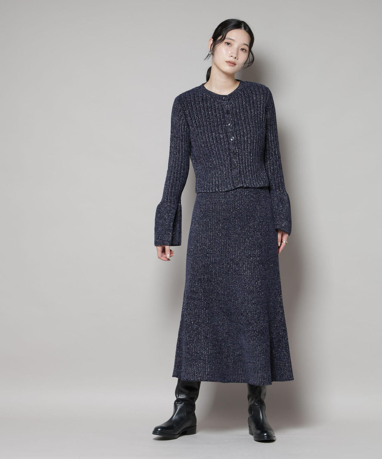 ラメモールワイドリブ前後2WAYフレアスリーブニット(セットアップ可) 6695222334