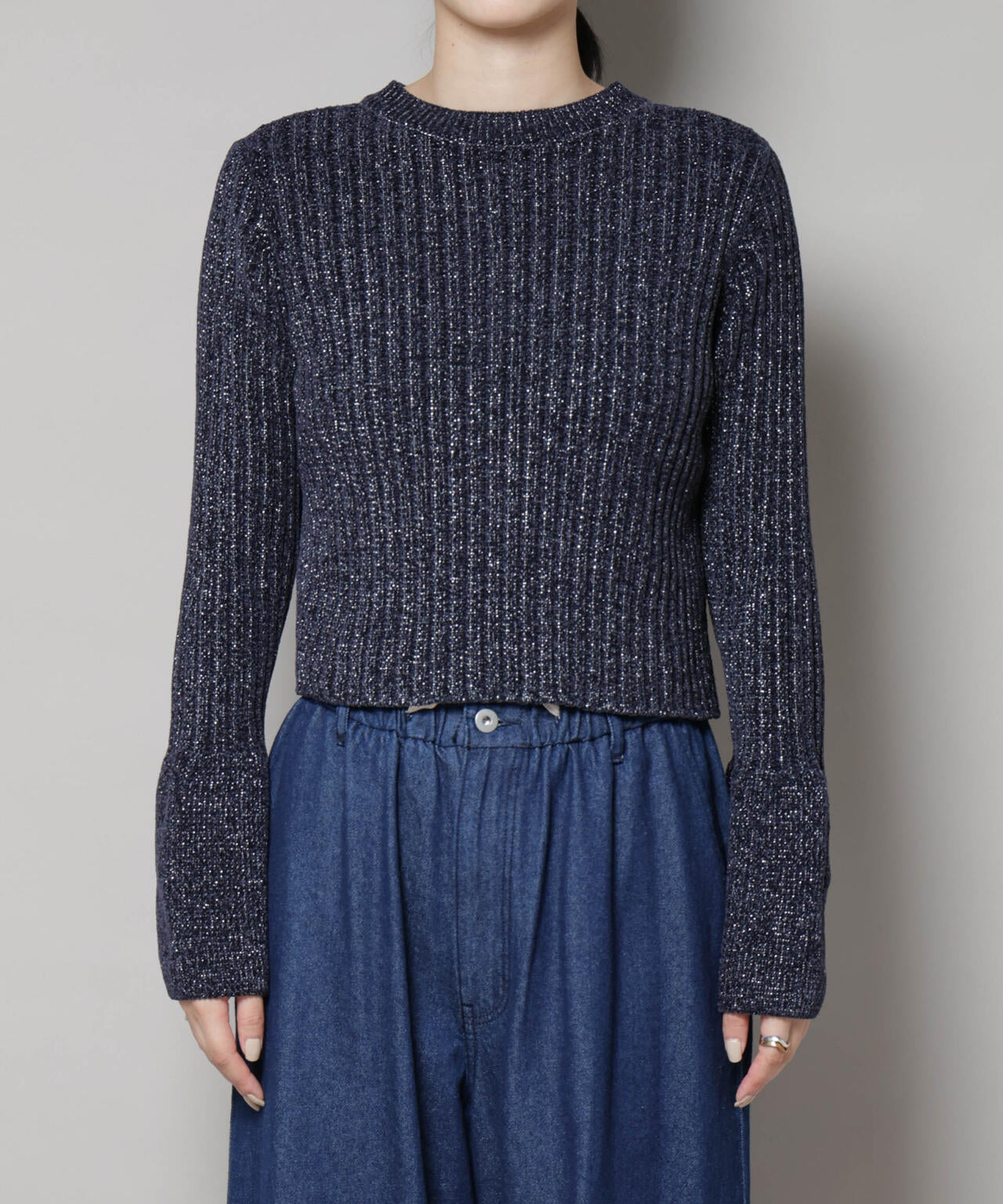 ラメモールワイドリブ前後2WAYフレアスリーブニット(セットアップ可) 6695222334