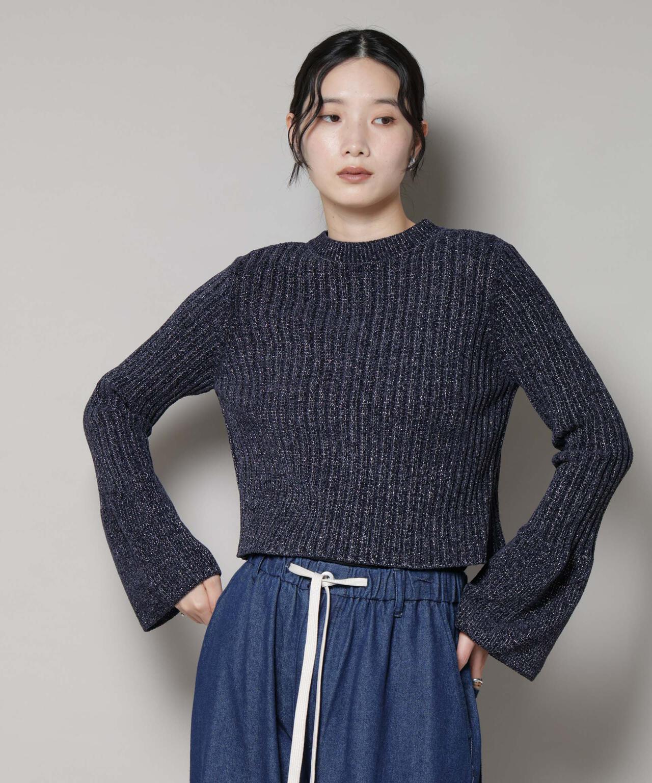 ラメモールワイドリブ前後2WAYフレアスリーブニット(セットアップ可) 6695222334