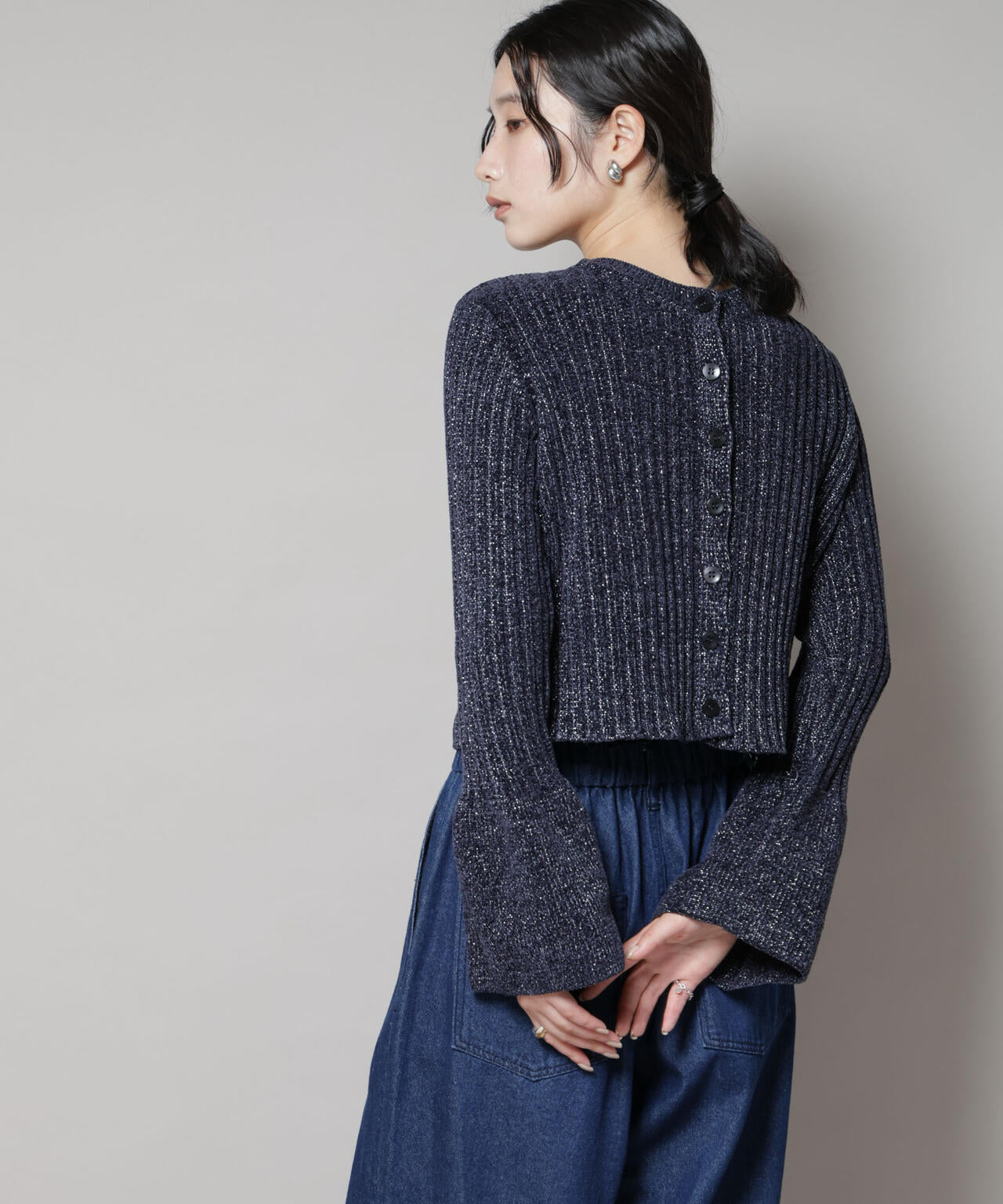 ラメモールワイドリブ前後2WAYフレアスリーブニット(セットアップ可) 6695222334