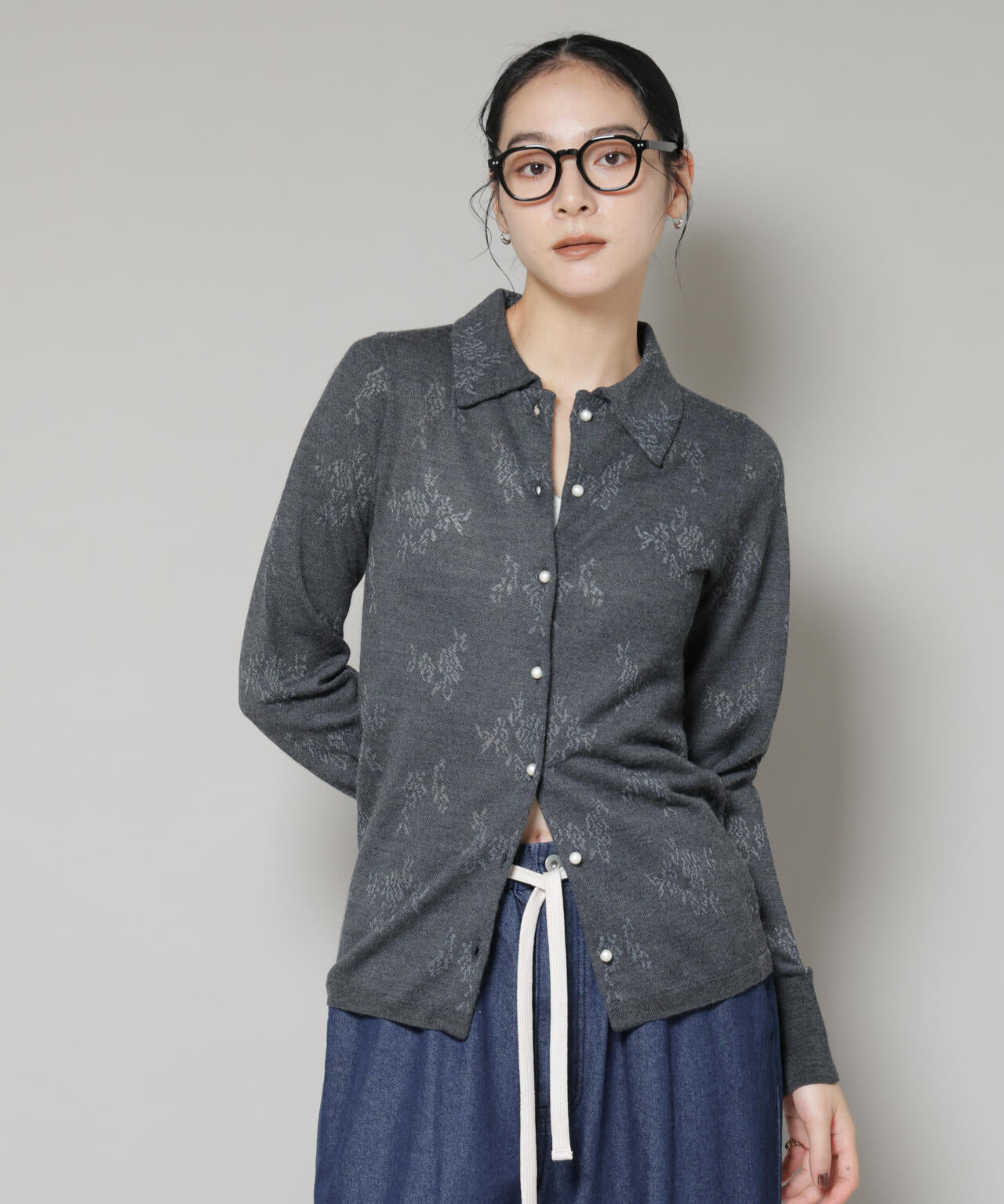 レース ジャカード 長袖 ポロ カーディガン