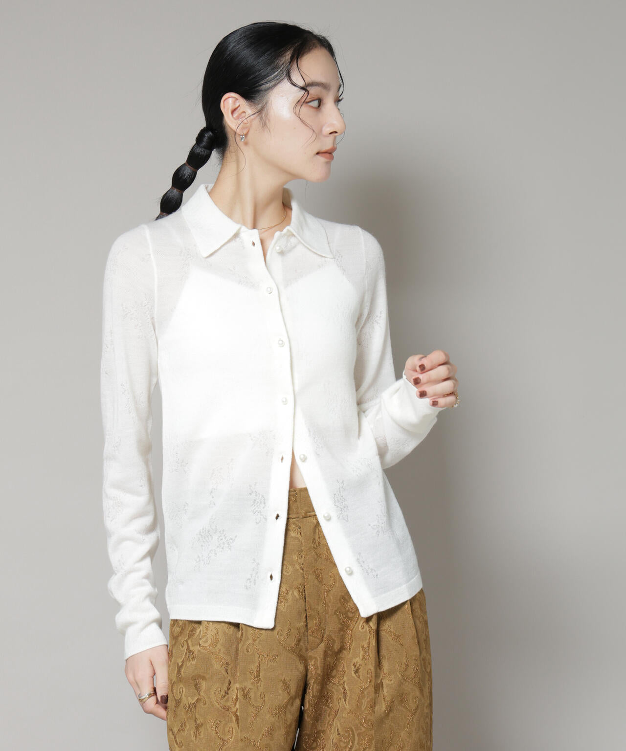 レースジャカード長袖ポロカーディガン 6695222339