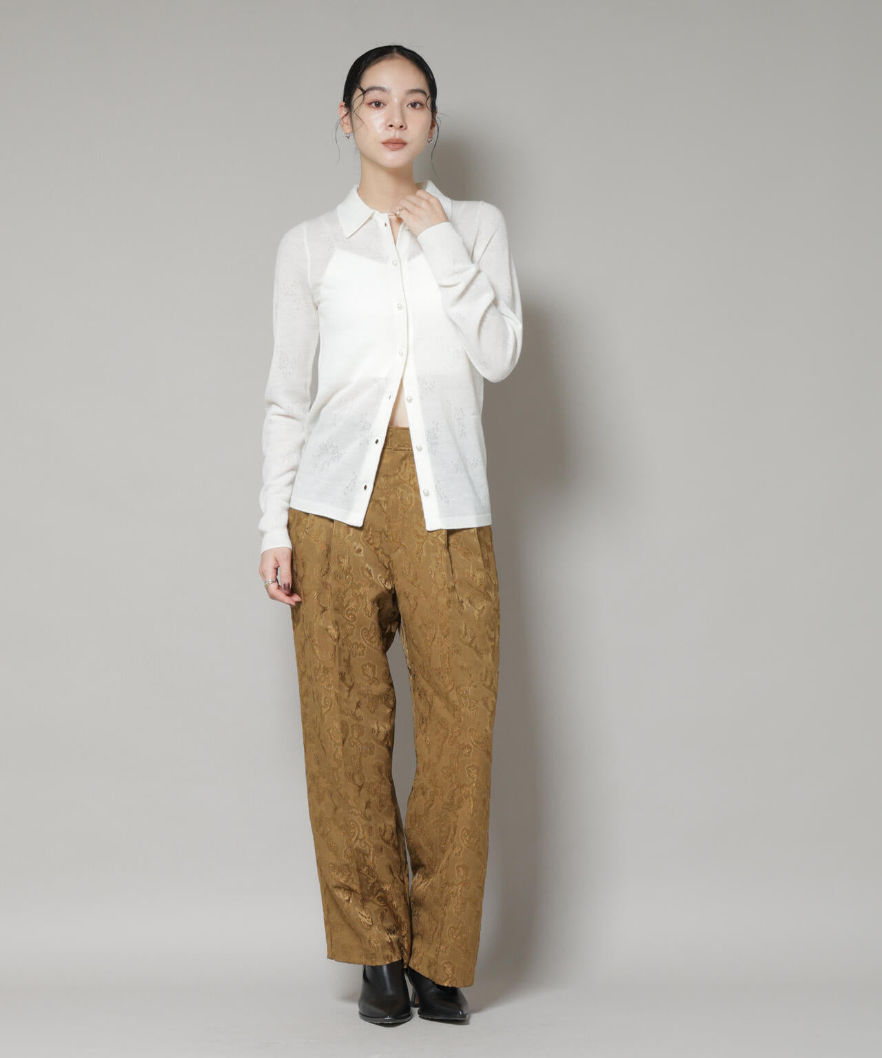 レースジャカード長袖ポロカーディガン 6695222339