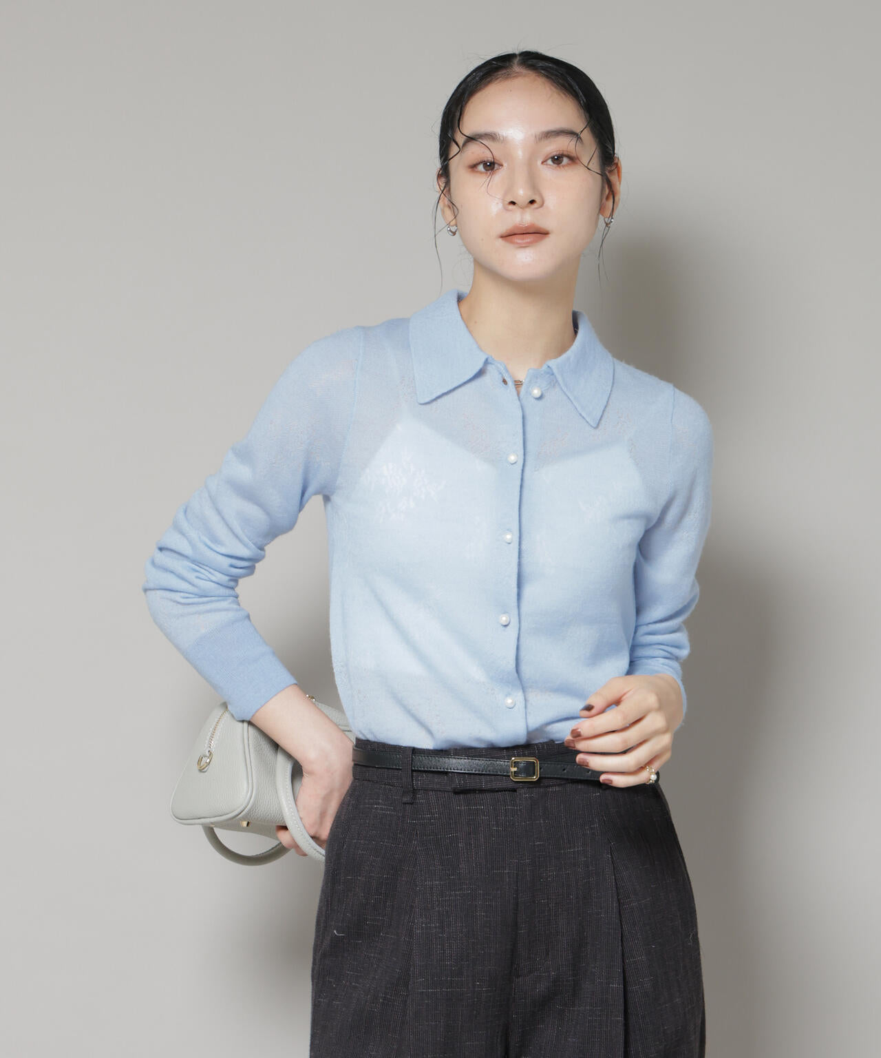 レースジャカード長袖ポロカーディガン 6695222339