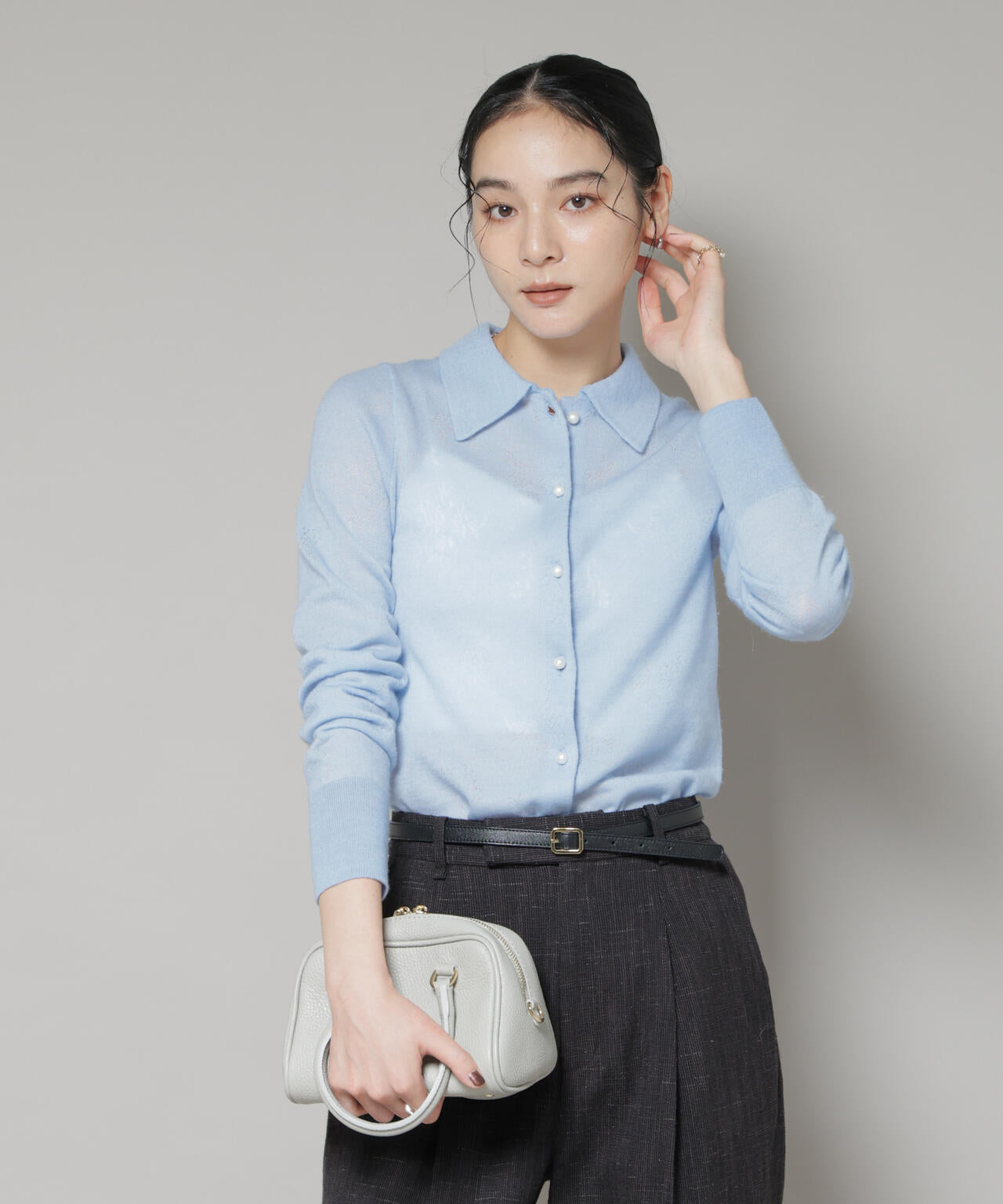 レースジャカード長袖ポロカーディガン 6695222339