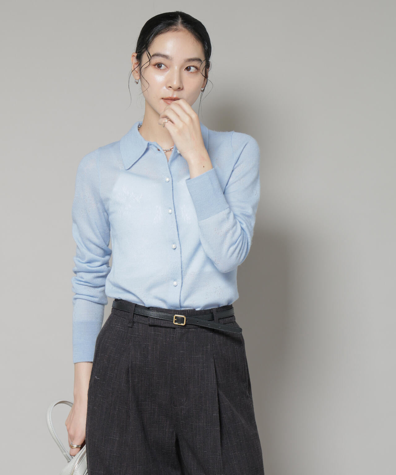 レースジャカード長袖ポロカーディガン 6695222339