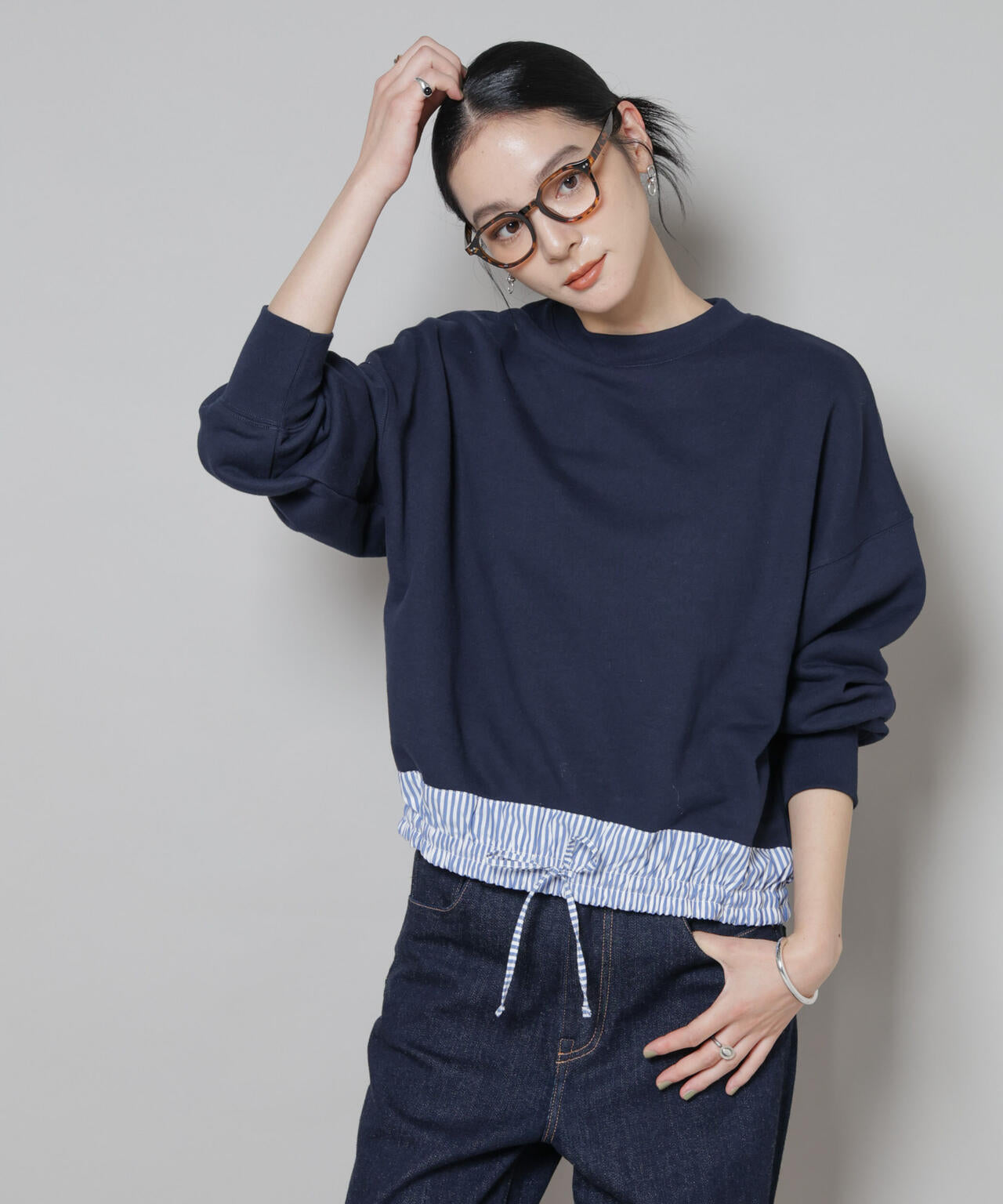 ブロード切替クルーネック裏毛トップス 6695223307