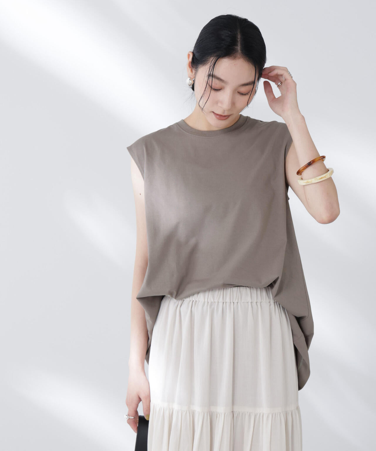 NANOFINE強撚コットンノースリーブトップス 6695224305