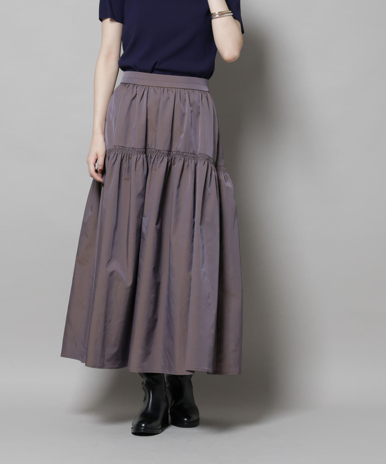 シャンブレータフタティアードギャザースカート 6695230304