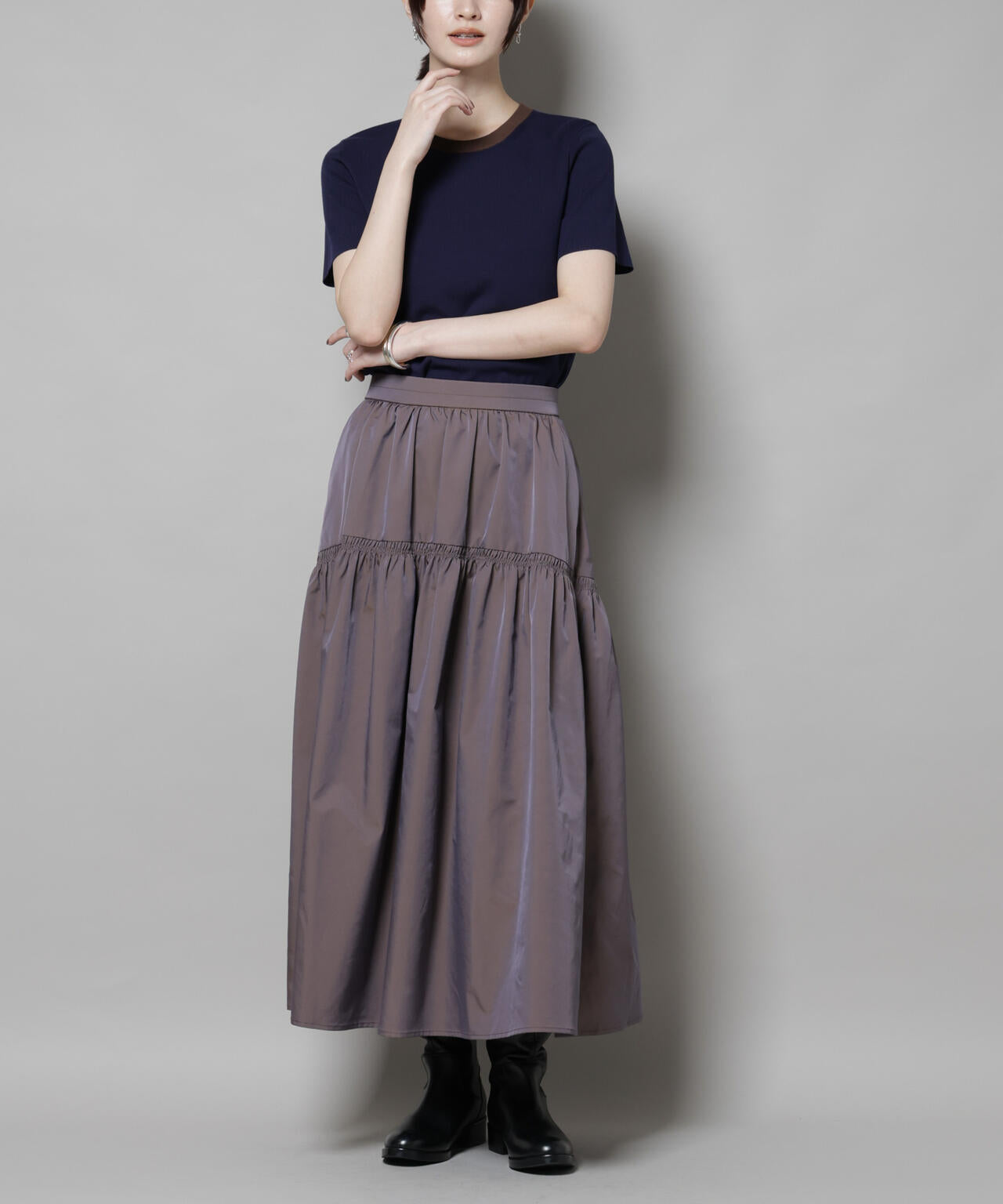 シャンブレータフタティアードギャザースカート 6695230304