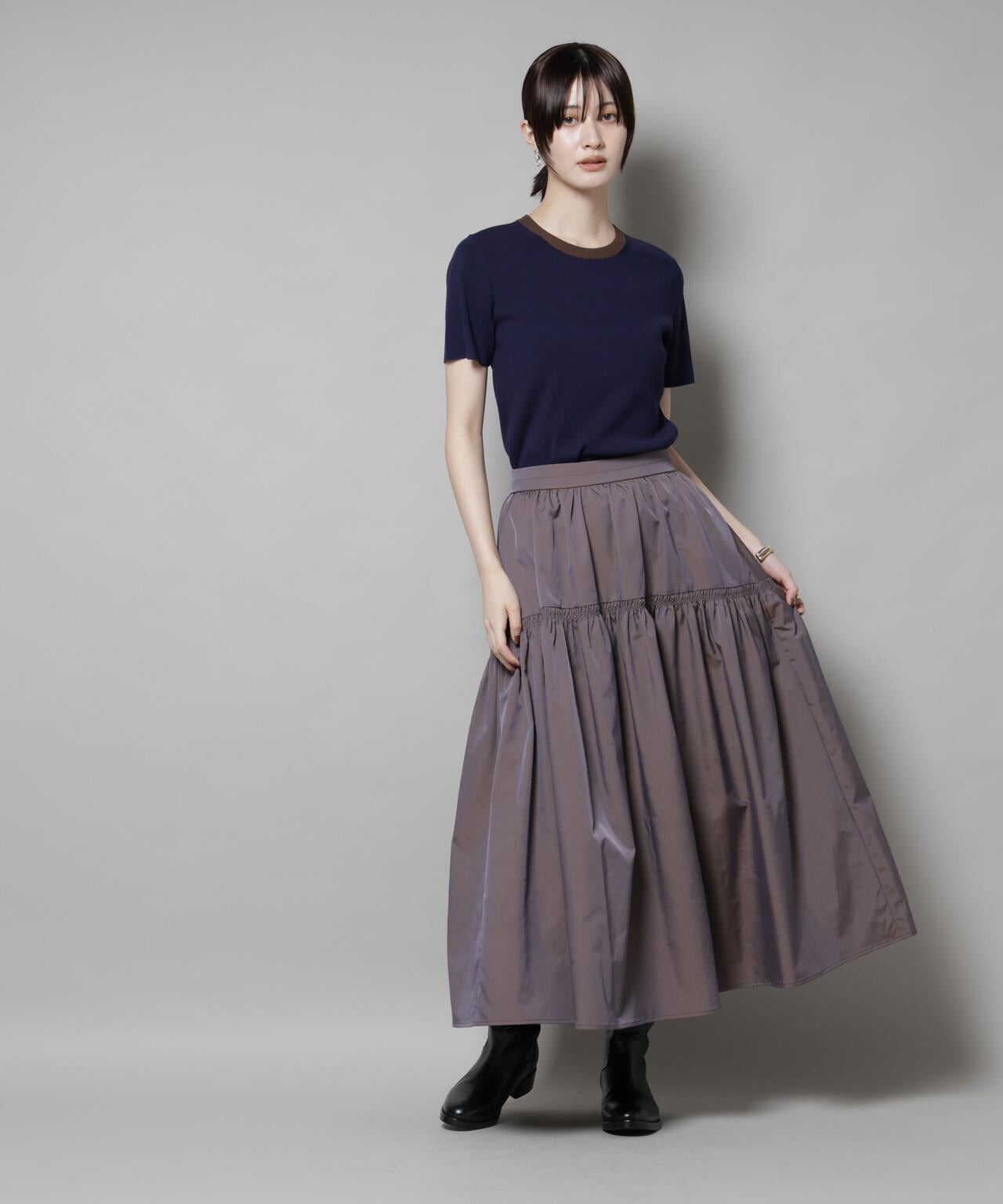シャンブレータフタティアードギャザースカート 6695230304
