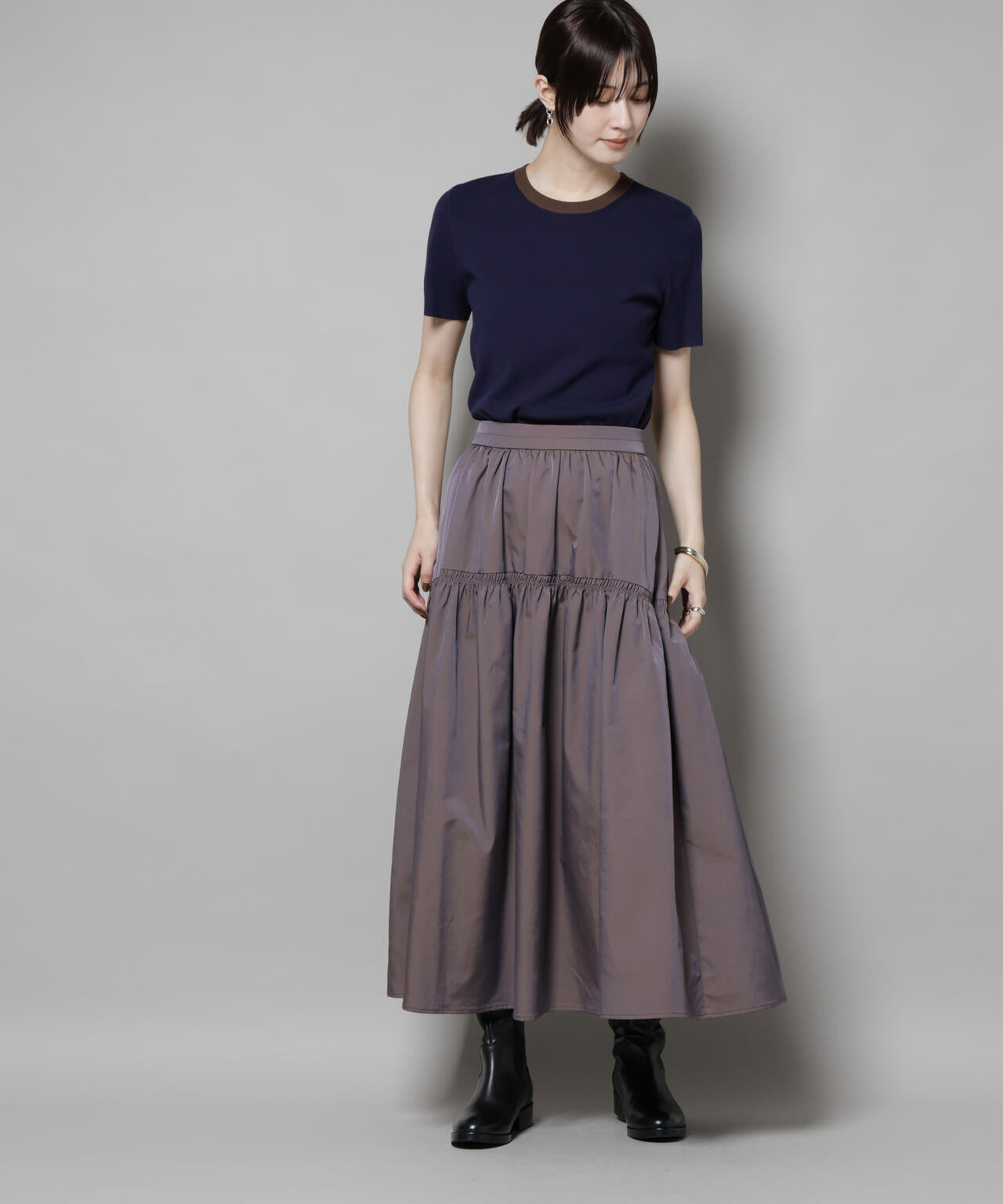 シャンブレータフタティアードギャザースカート 6695230304