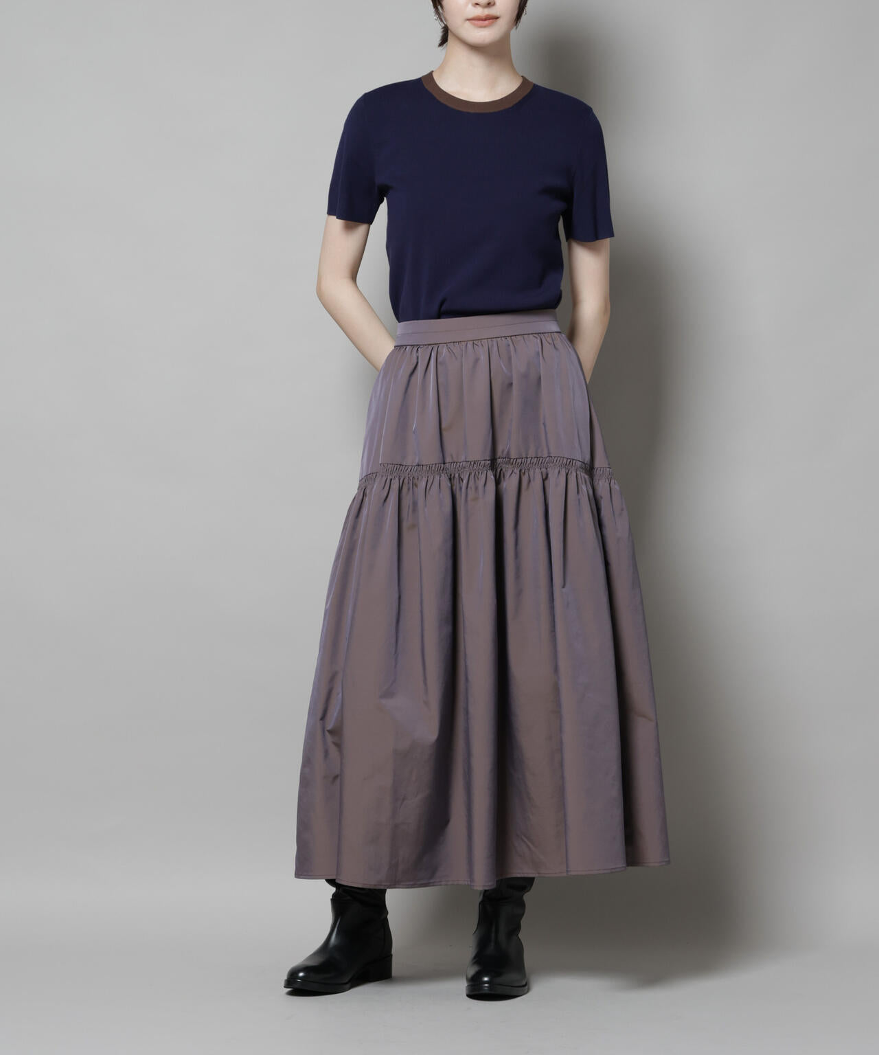 シャンブレータフタティアードギャザースカート 6695230304