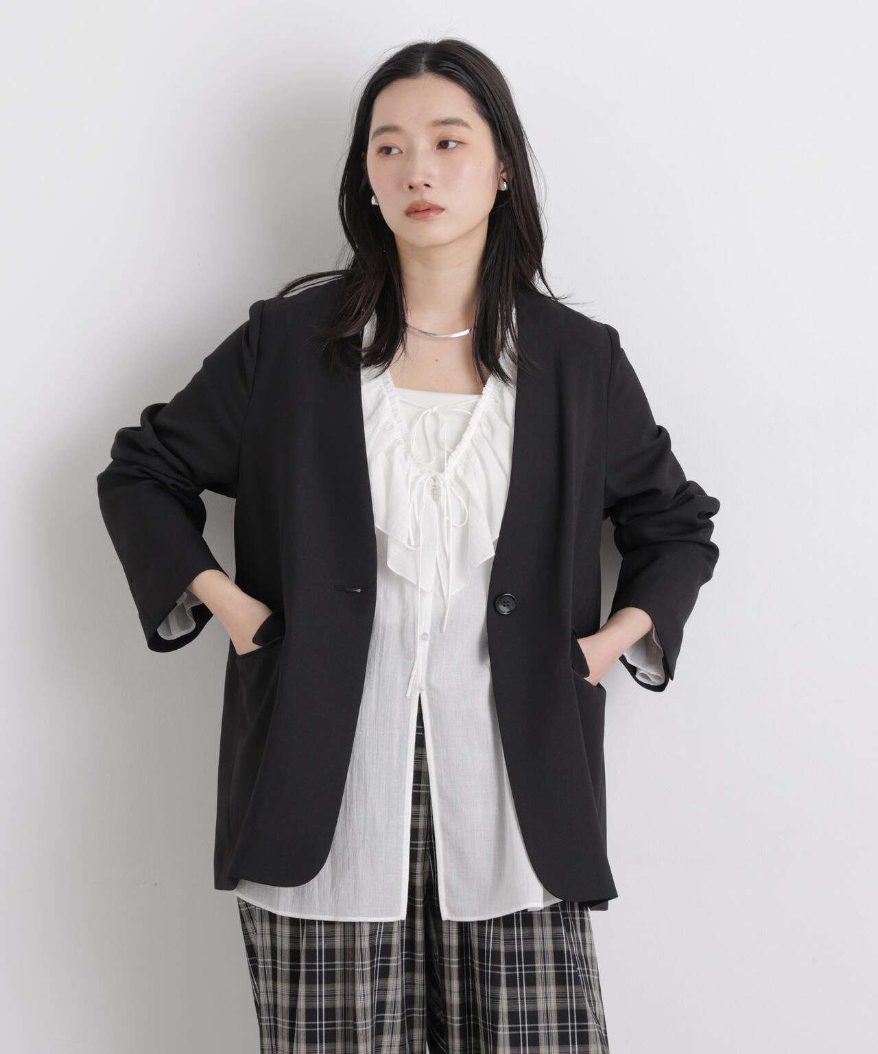 リネンライクツイルラペルレスジャケット 6696116309