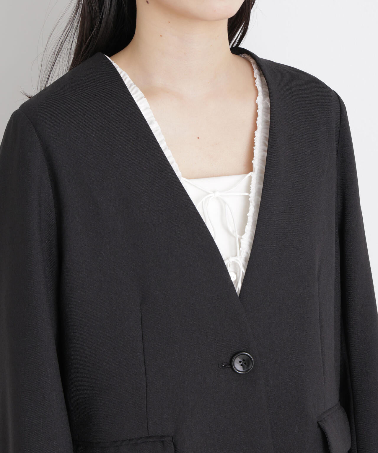 リネンライクツイルラペルレスジャケット 6696116309