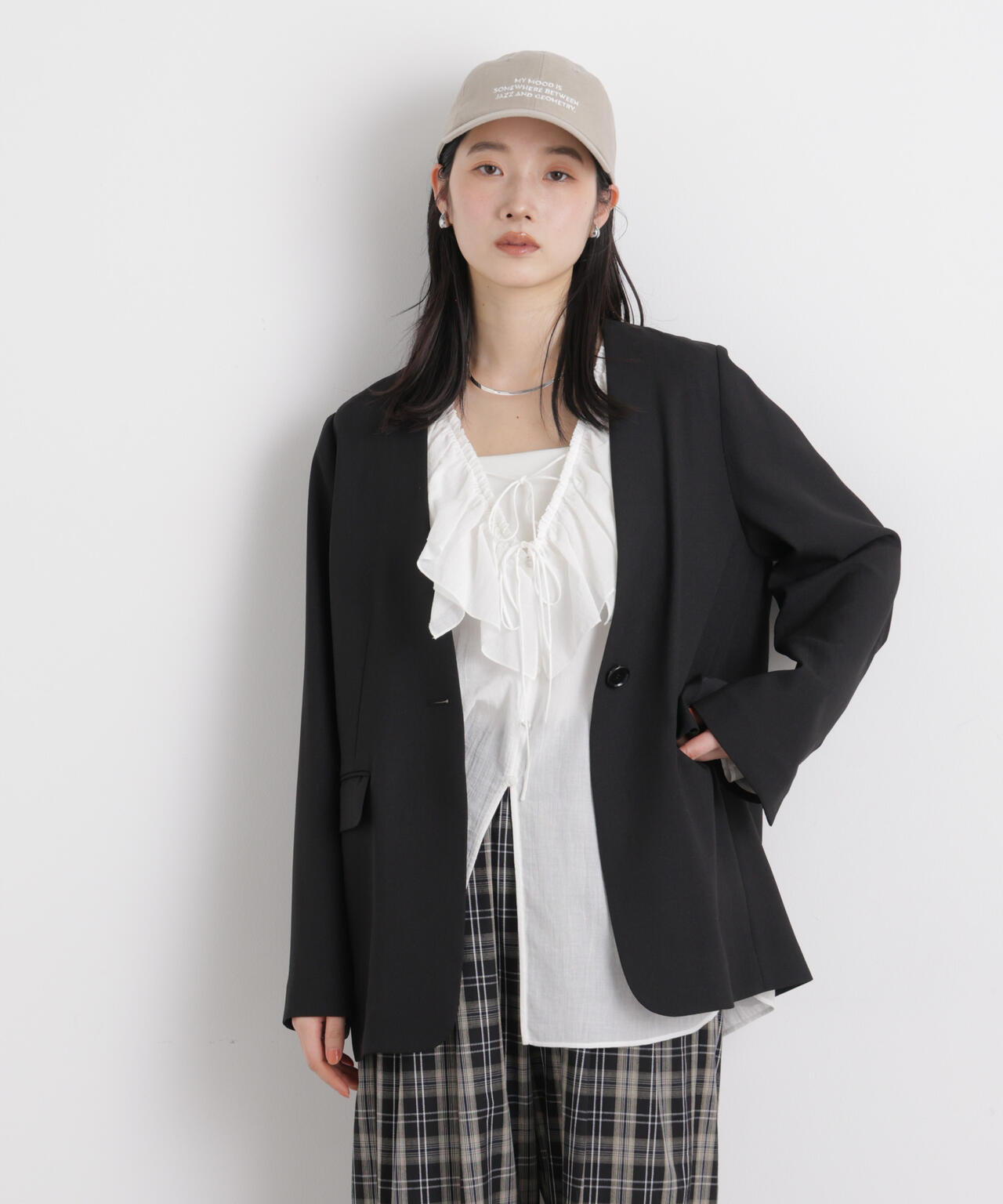 リネンライクツイルラペルレスジャケット 6696116309