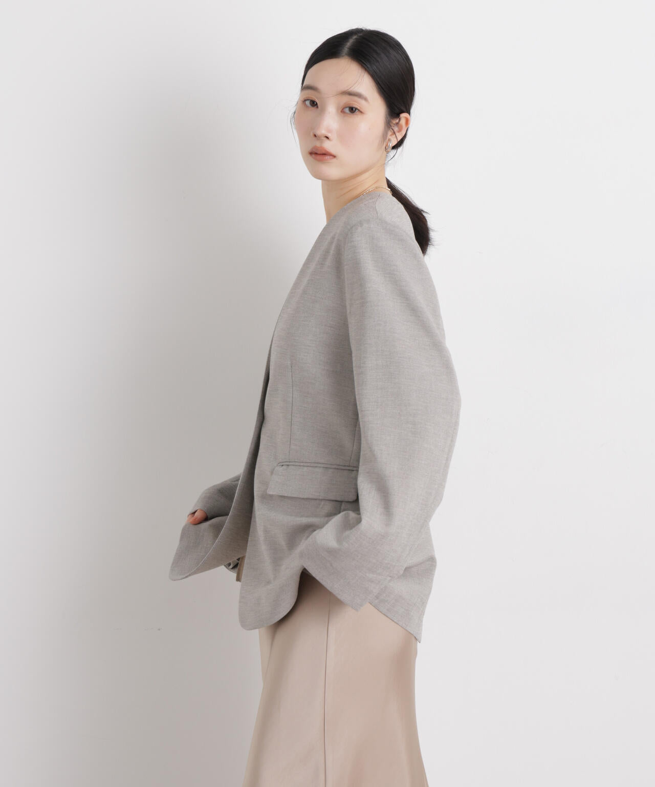 リネンライクツイルラペルレスジャケット 6696116309