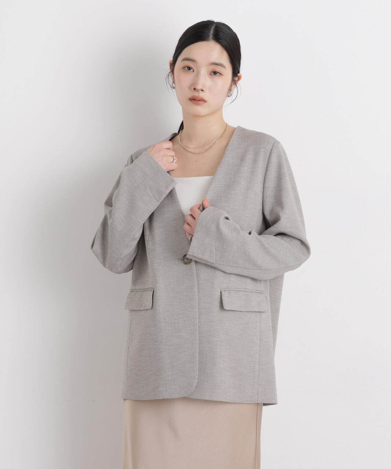 リネンライクツイルラペルレスジャケット 6696116309