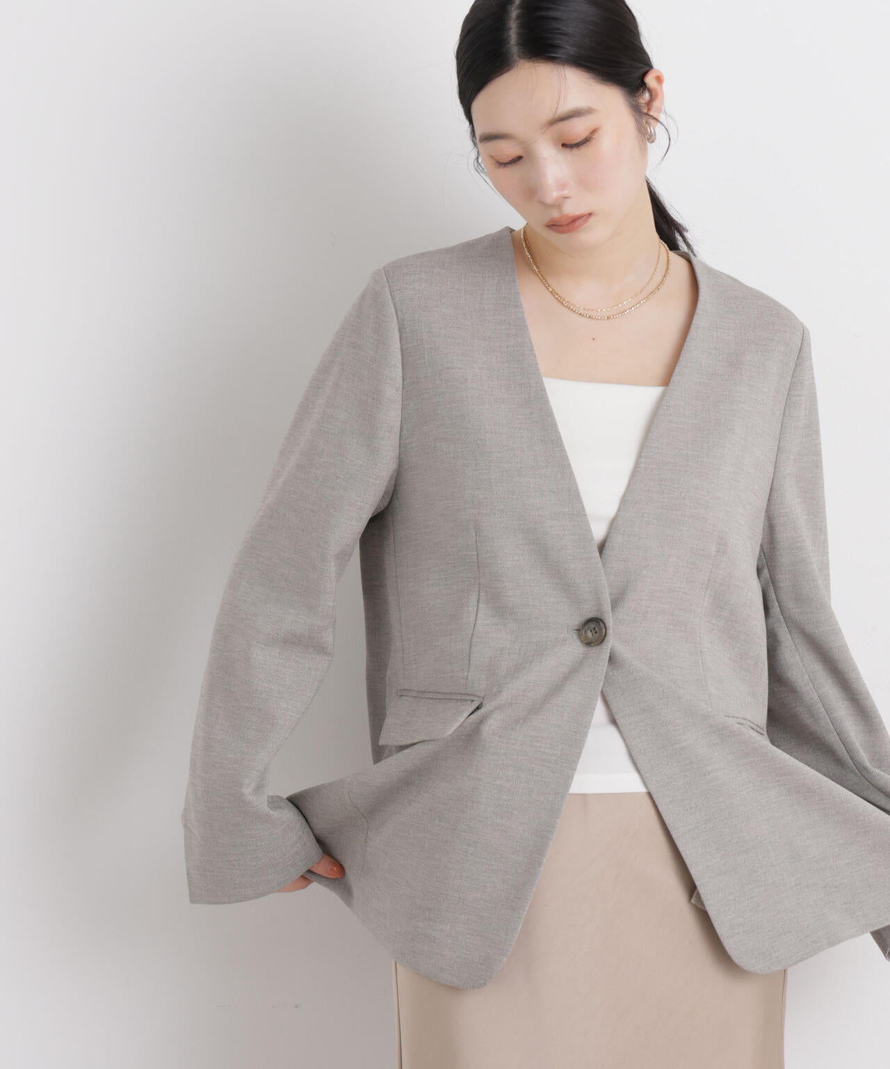 リネンライクツイルラペルレスジャケット 6696116309