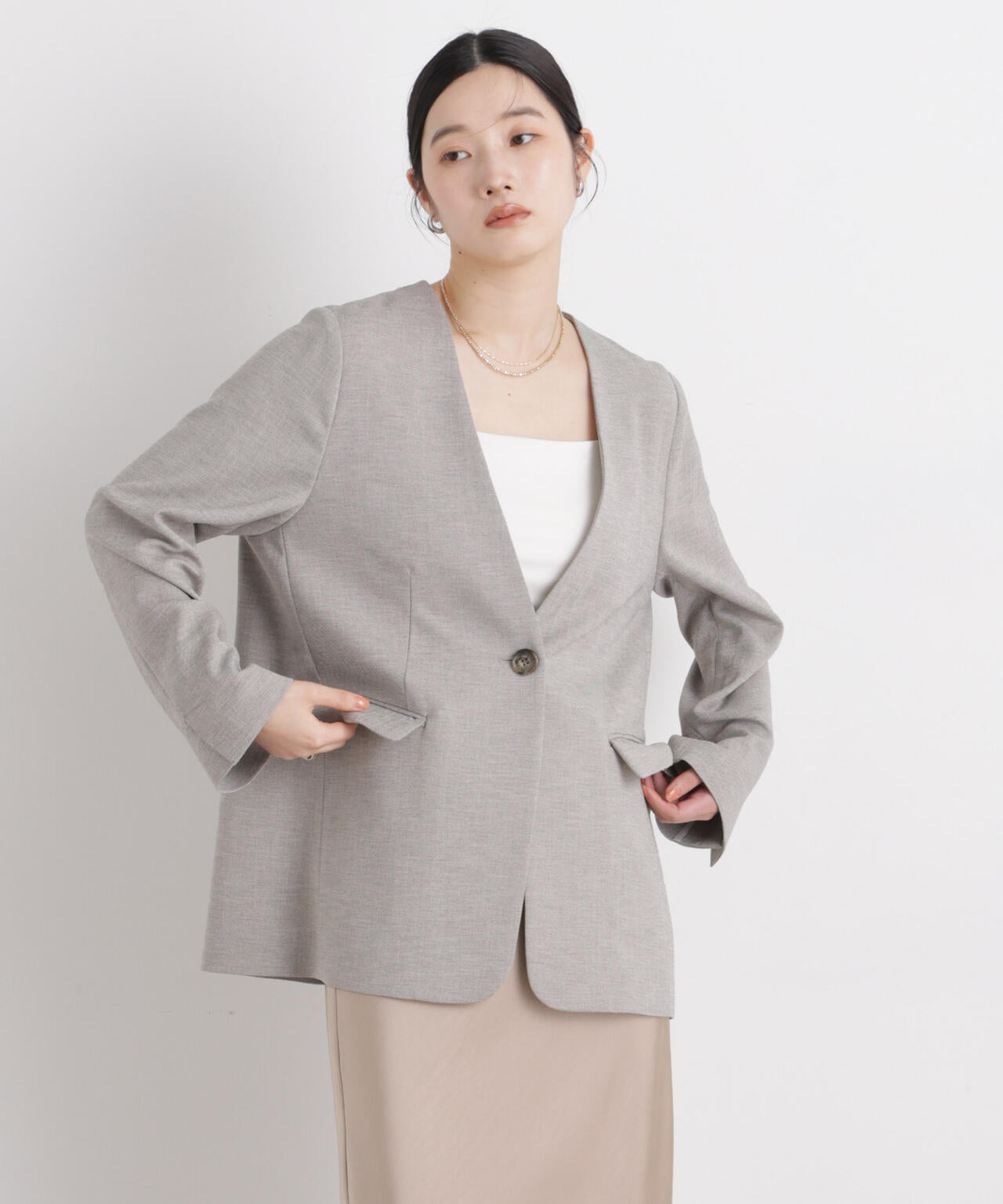 リネンライクツイルラペルレスジャケット 6696116309