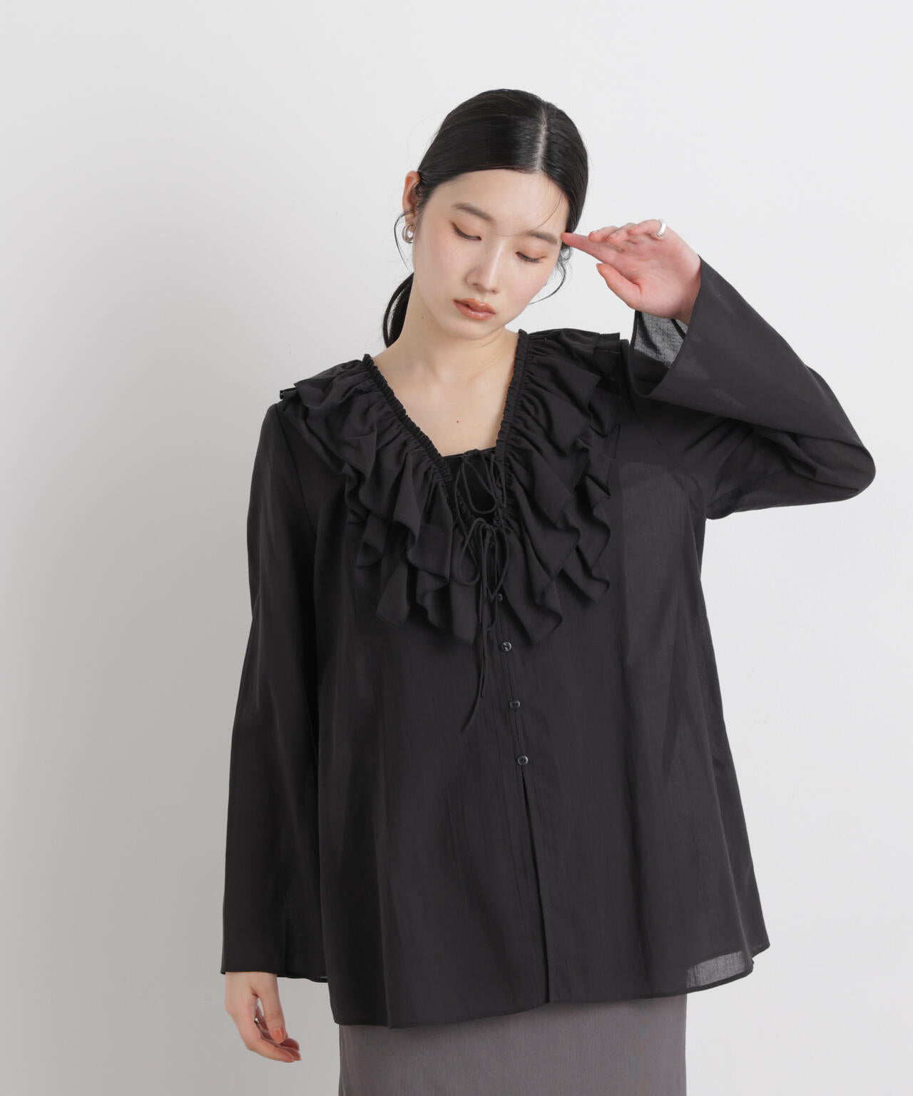 コットンシフォンフリルブラウス 6696120314