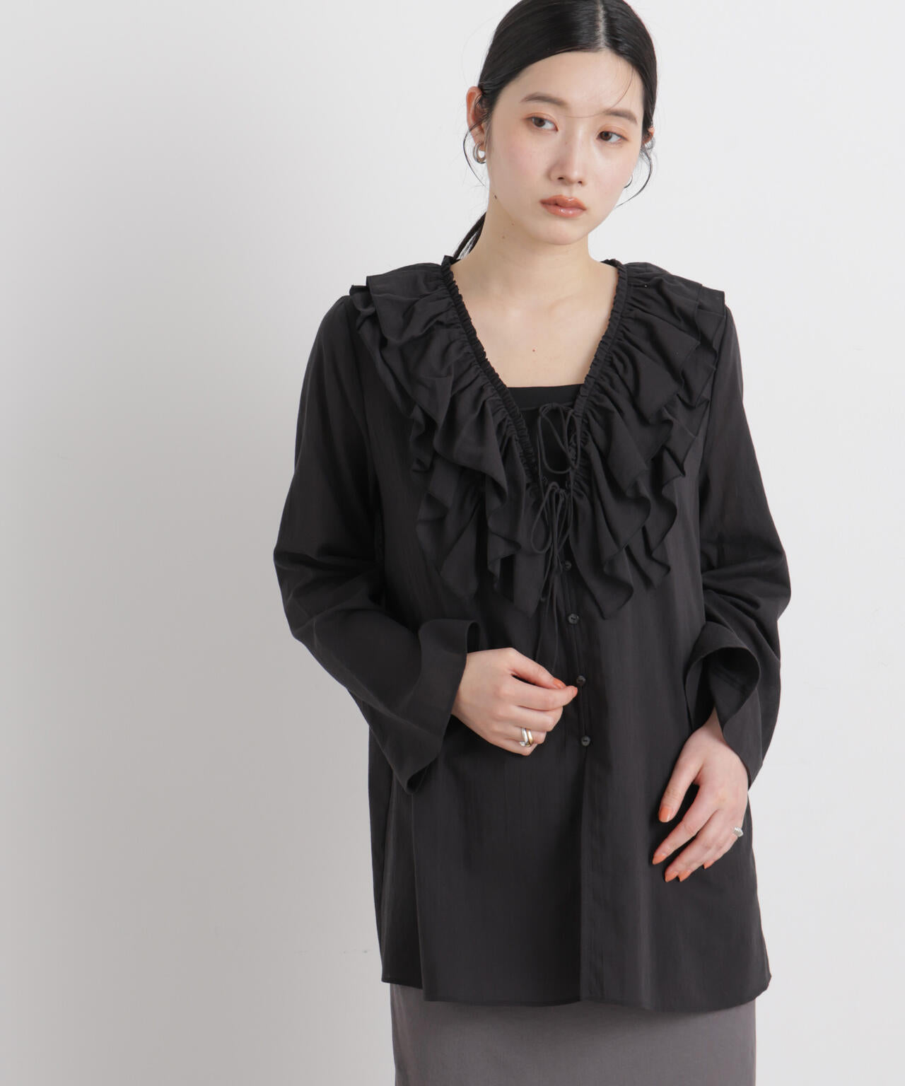 コットンシフォンフリルブラウス 6696120314
