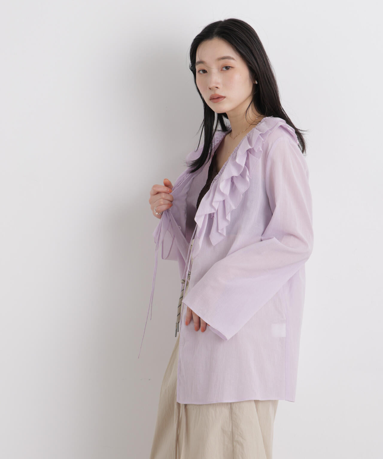 コットンシフォンフリルブラウス 6696120314