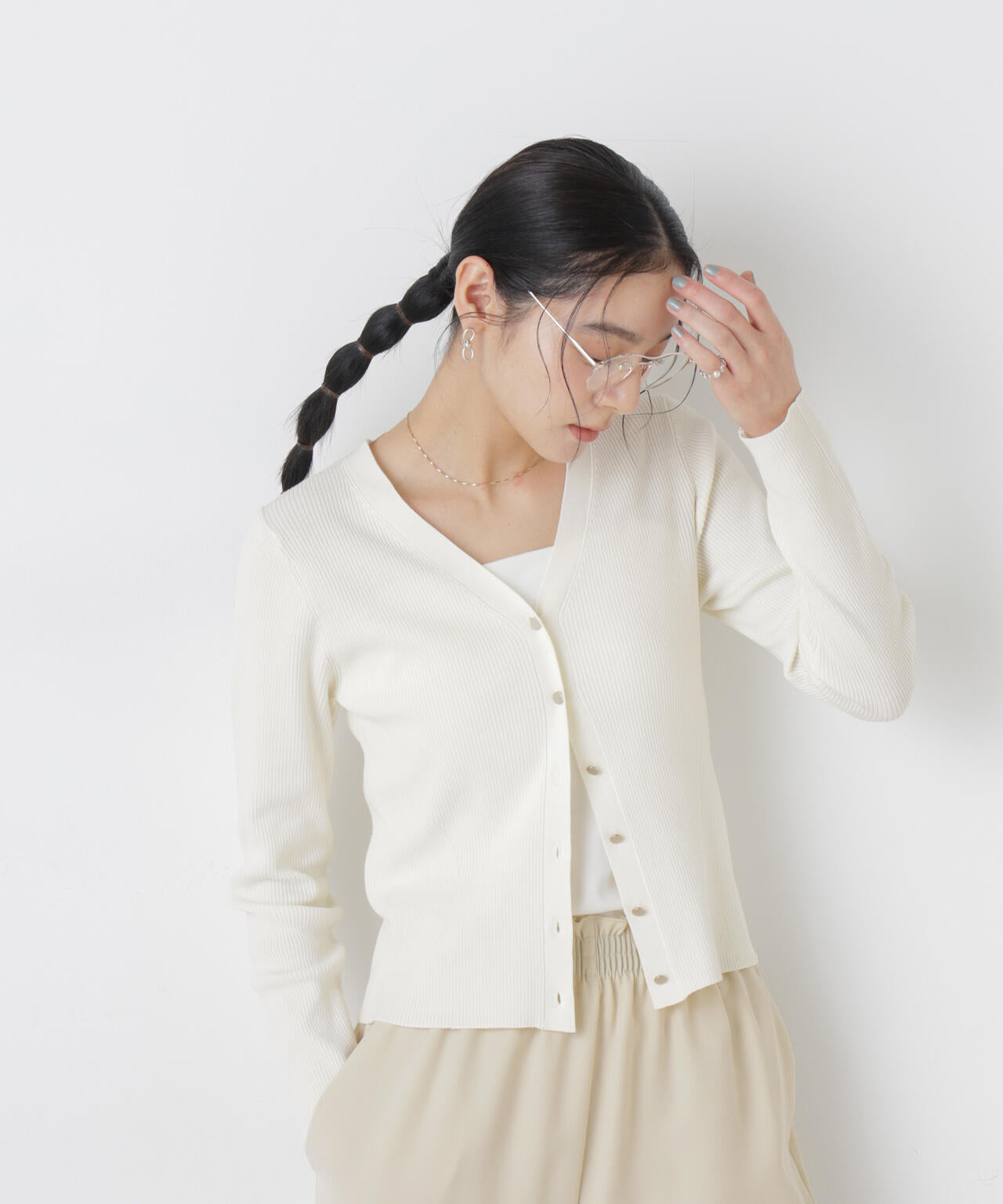 ウォッシャブルハイツイストVネックリブカーディガン 6696122308