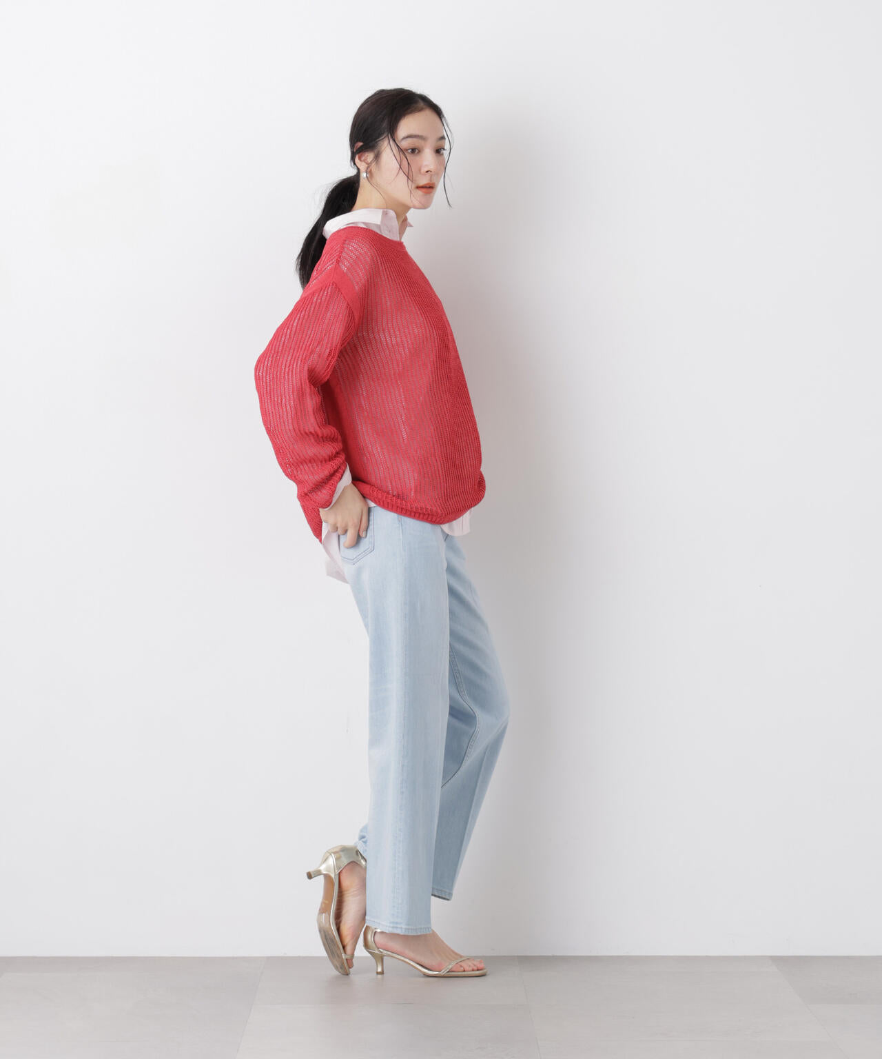 リネン混テープヤーンメッシュワイドニット 6696122312