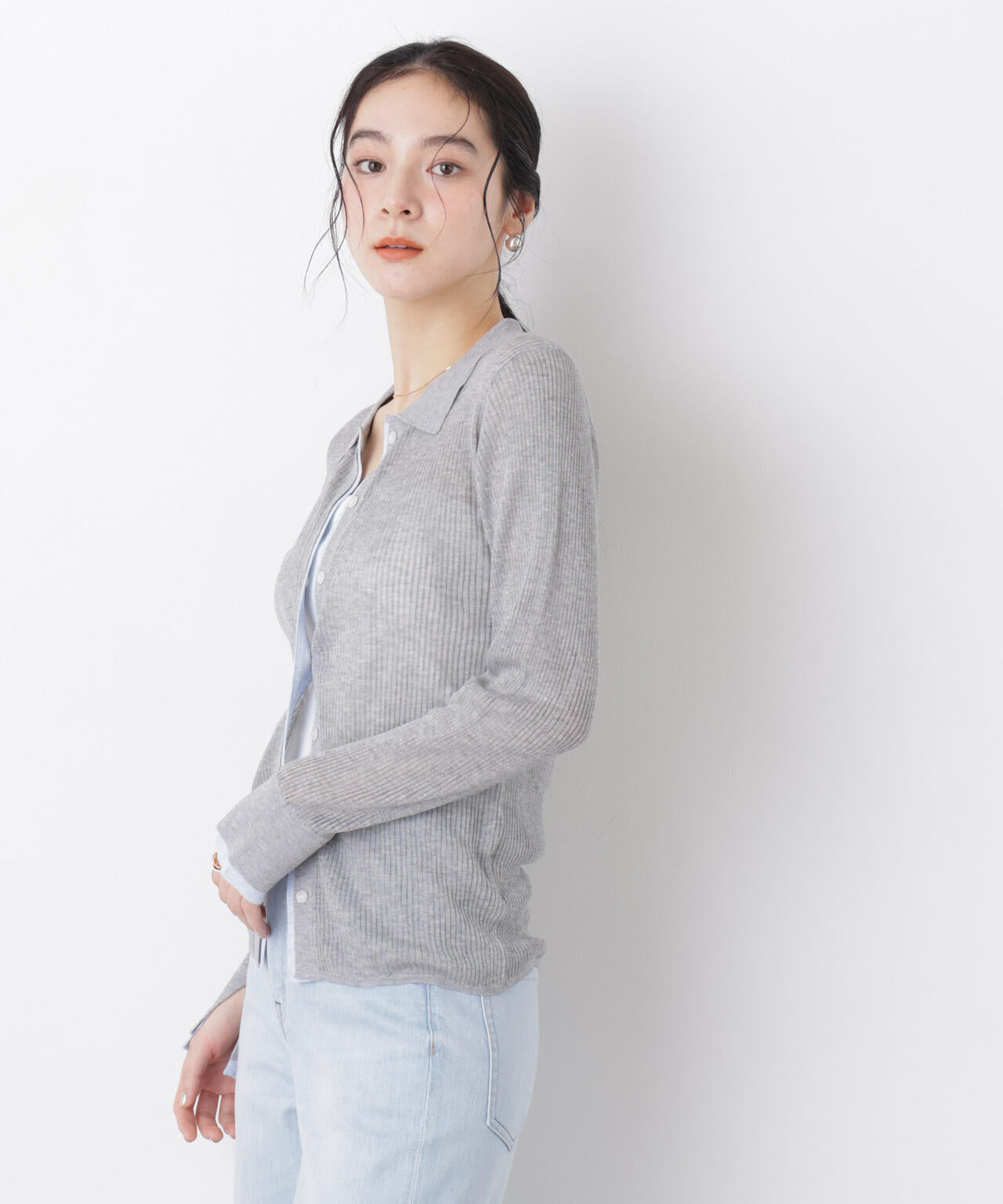 バイカラーシアーリブ衿付きカーディガン 6696122315