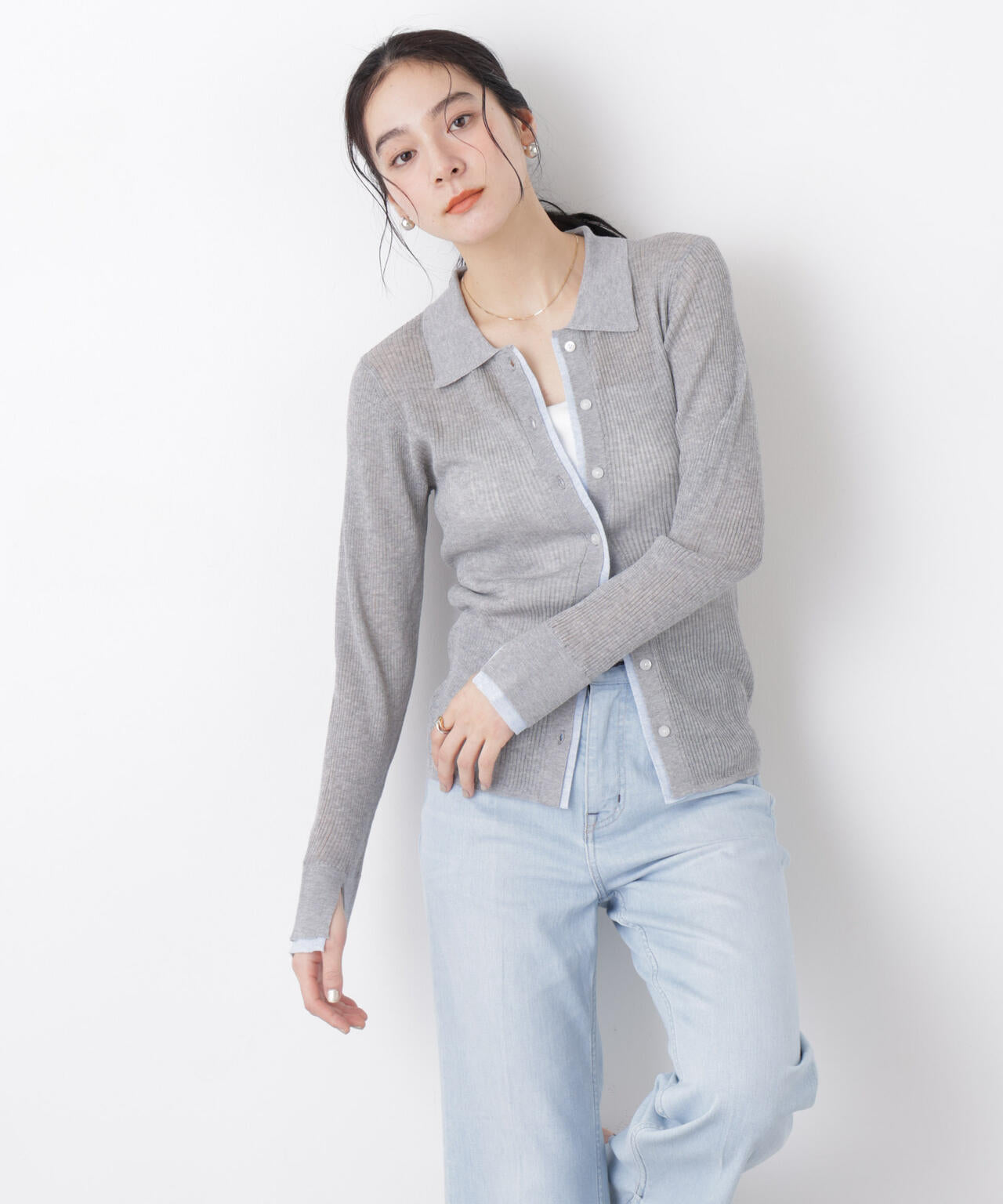 バイカラーシアーリブ衿付きカーディガン 6696122315