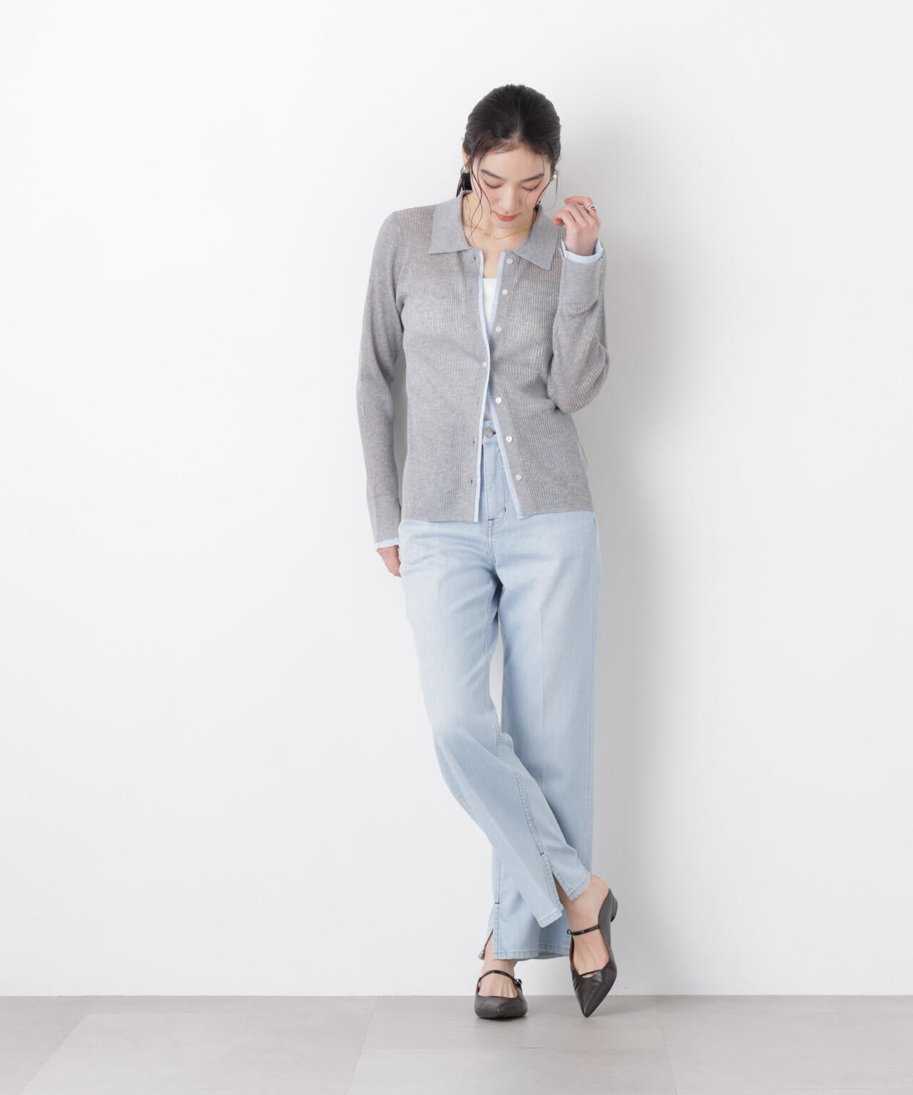 バイカラーシアーリブ衿付きカーディガン 6696122315