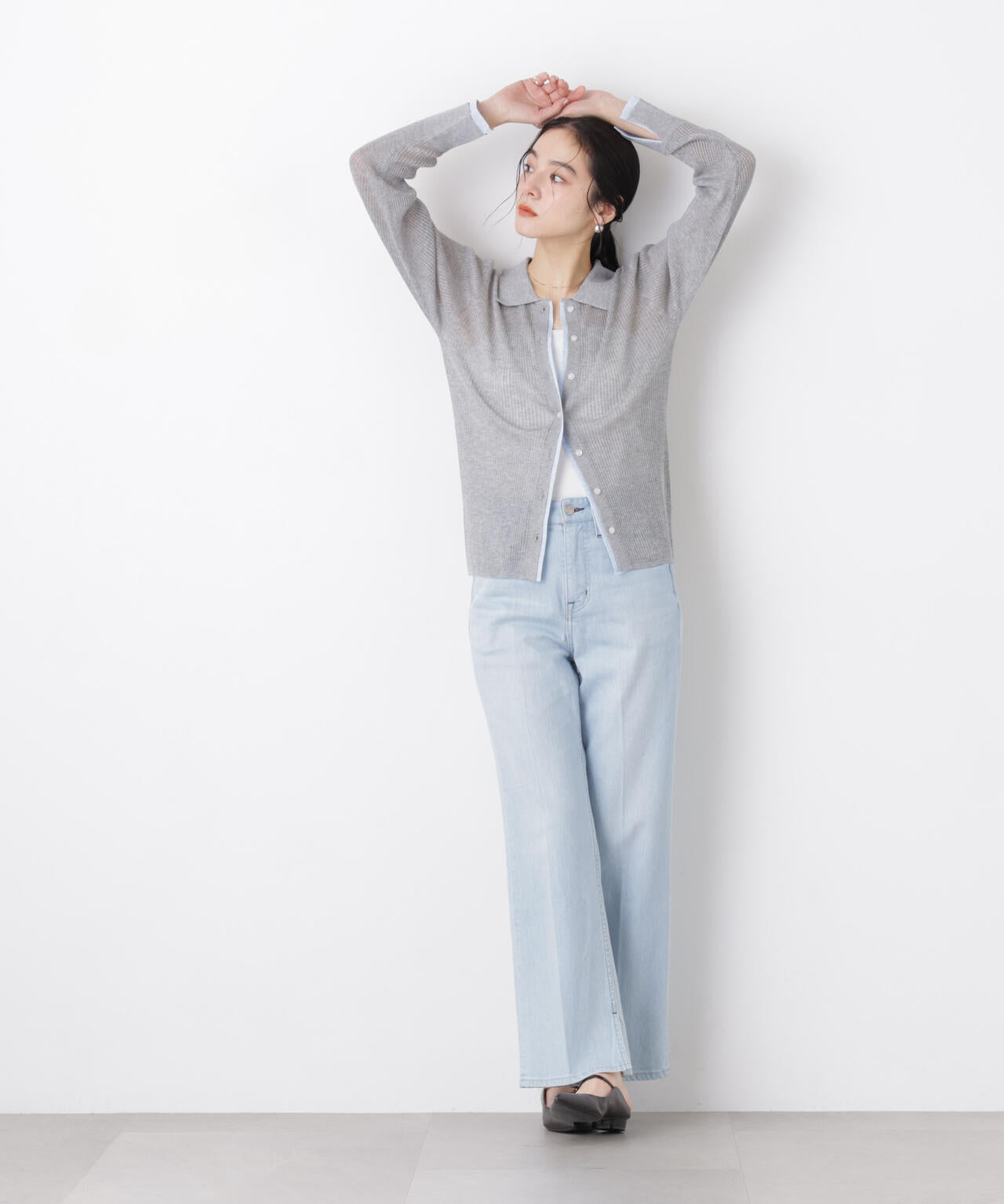 バイカラーシアーリブ衿付きカーディガン 6696122315