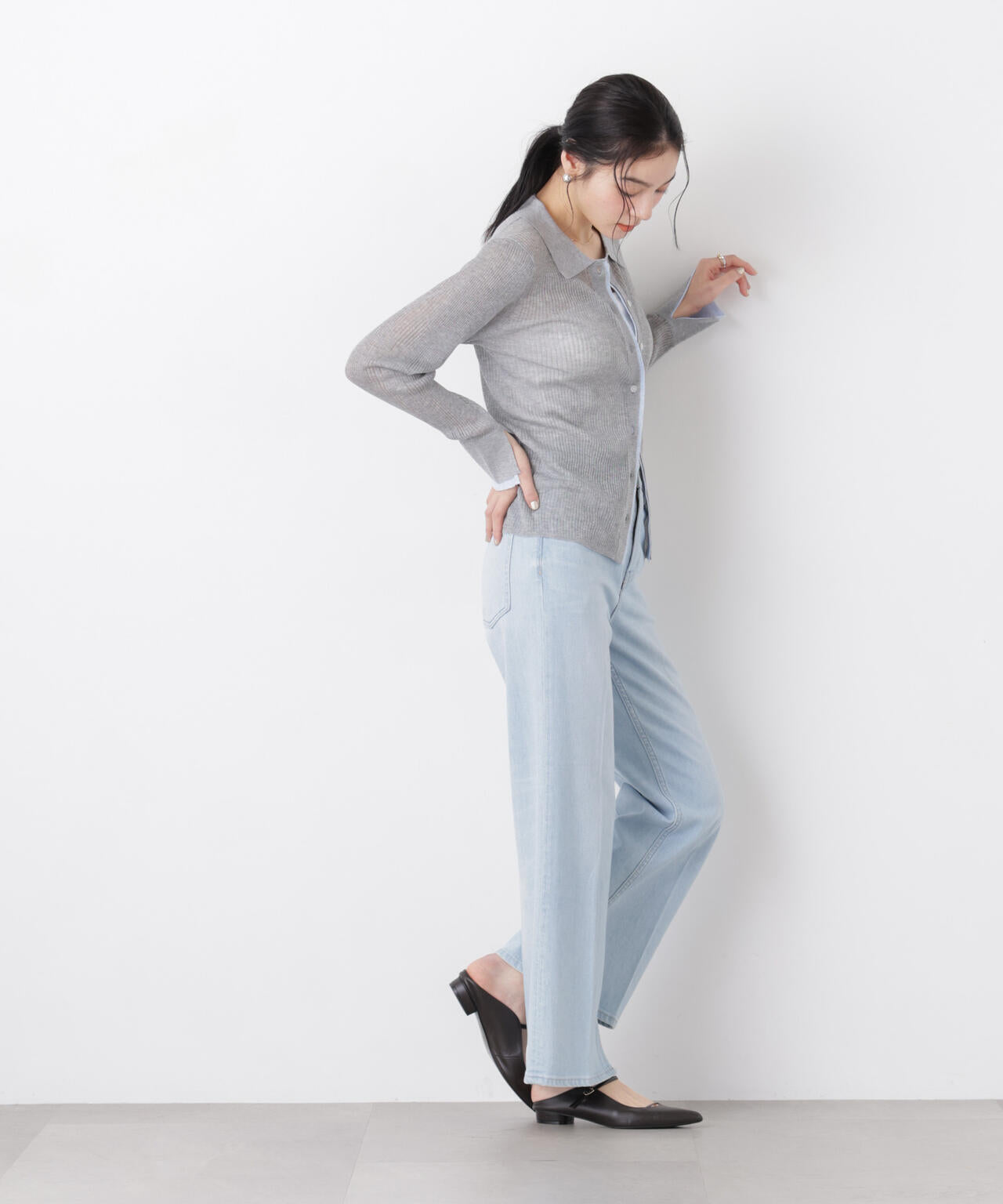 バイカラーシアーリブ衿付きカーディガン 6696122315