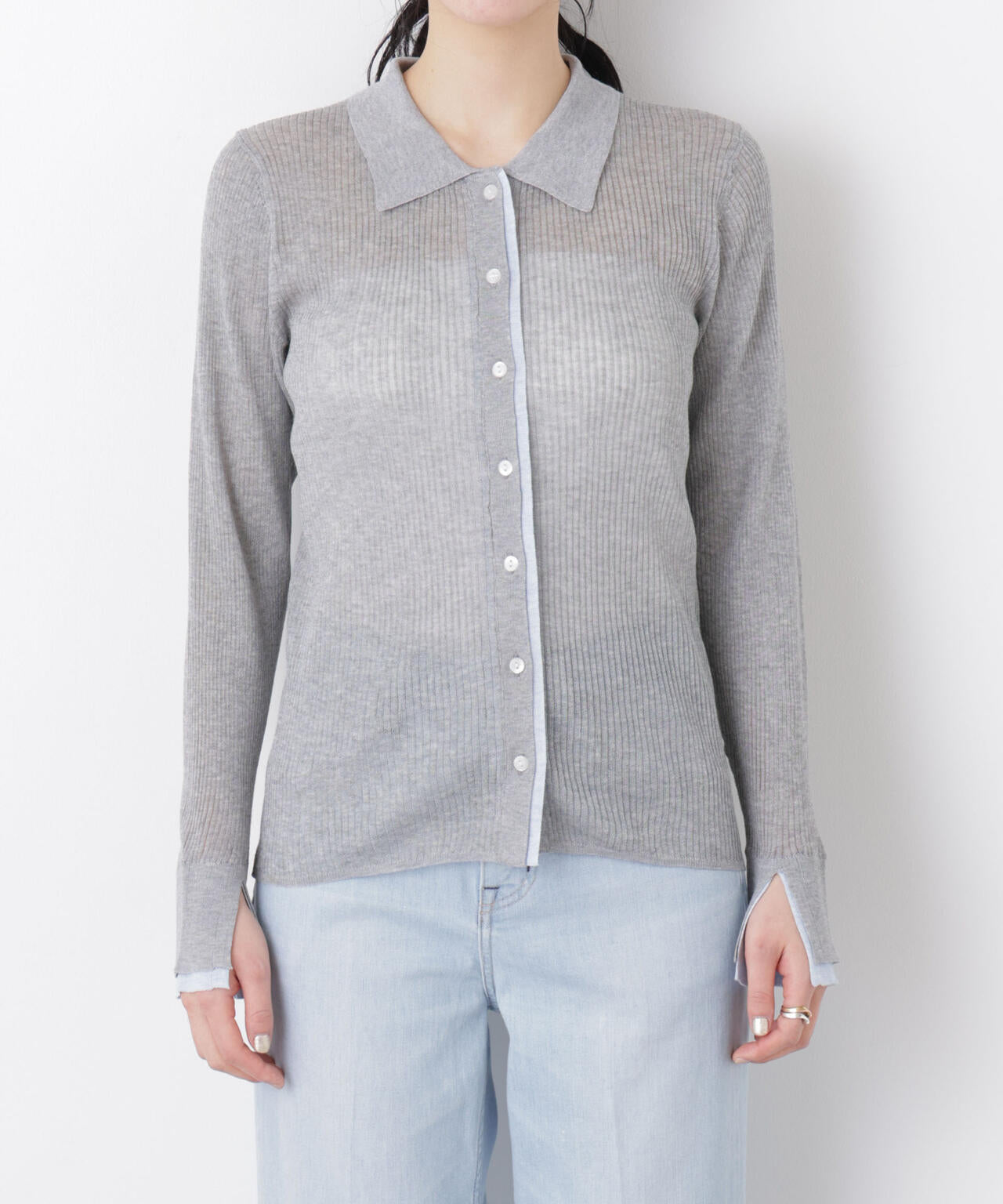 バイカラーシアーリブ衿付きカーディガン 6696122315