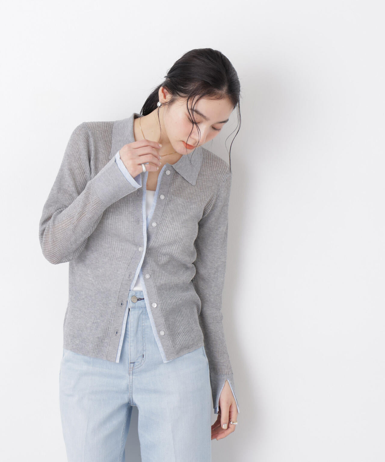 バイカラーシアーリブ衿付きカーディガン 6696122315