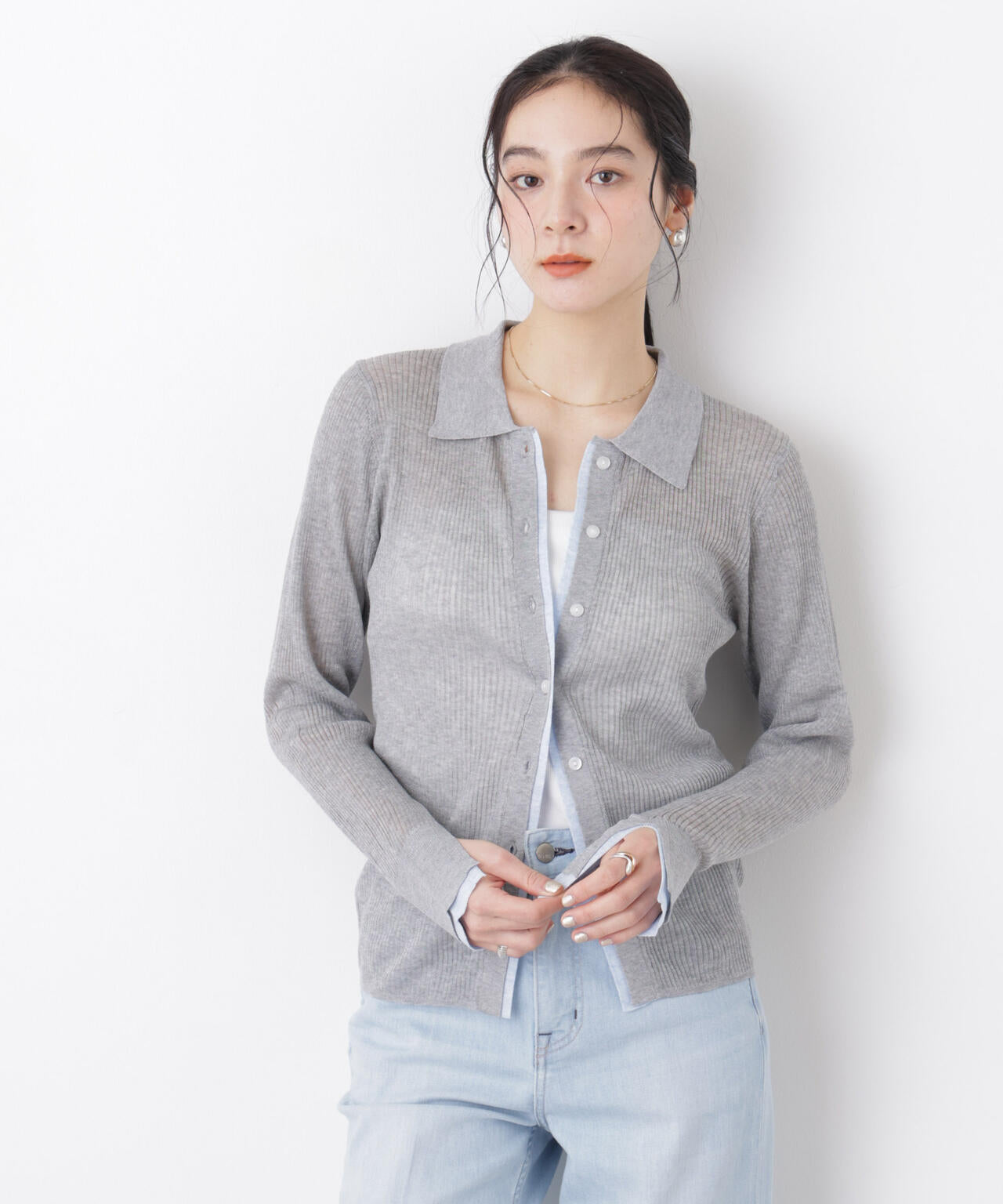 バイカラーシアーリブ衿付きカーディガン 6696122315