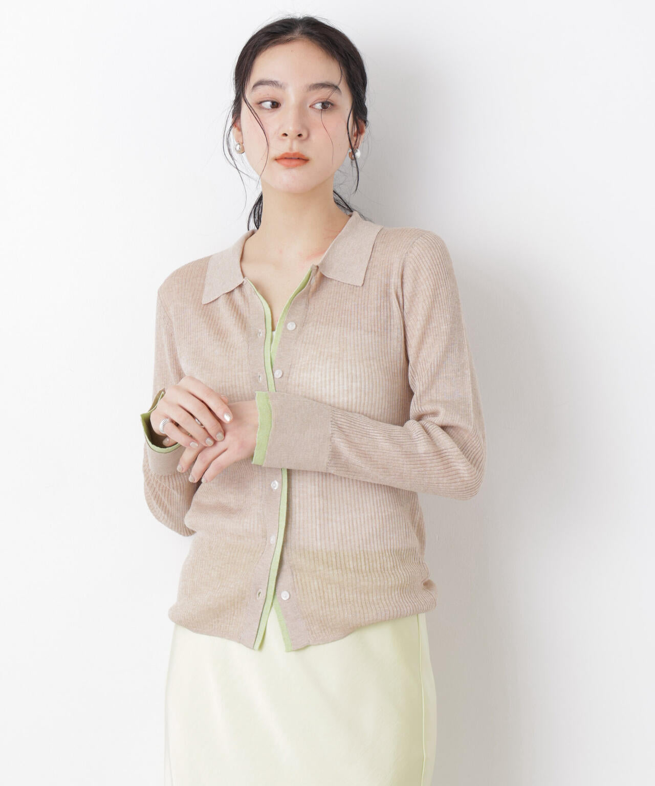 バイカラーシアーリブ衿付きカーディガン 6696122315