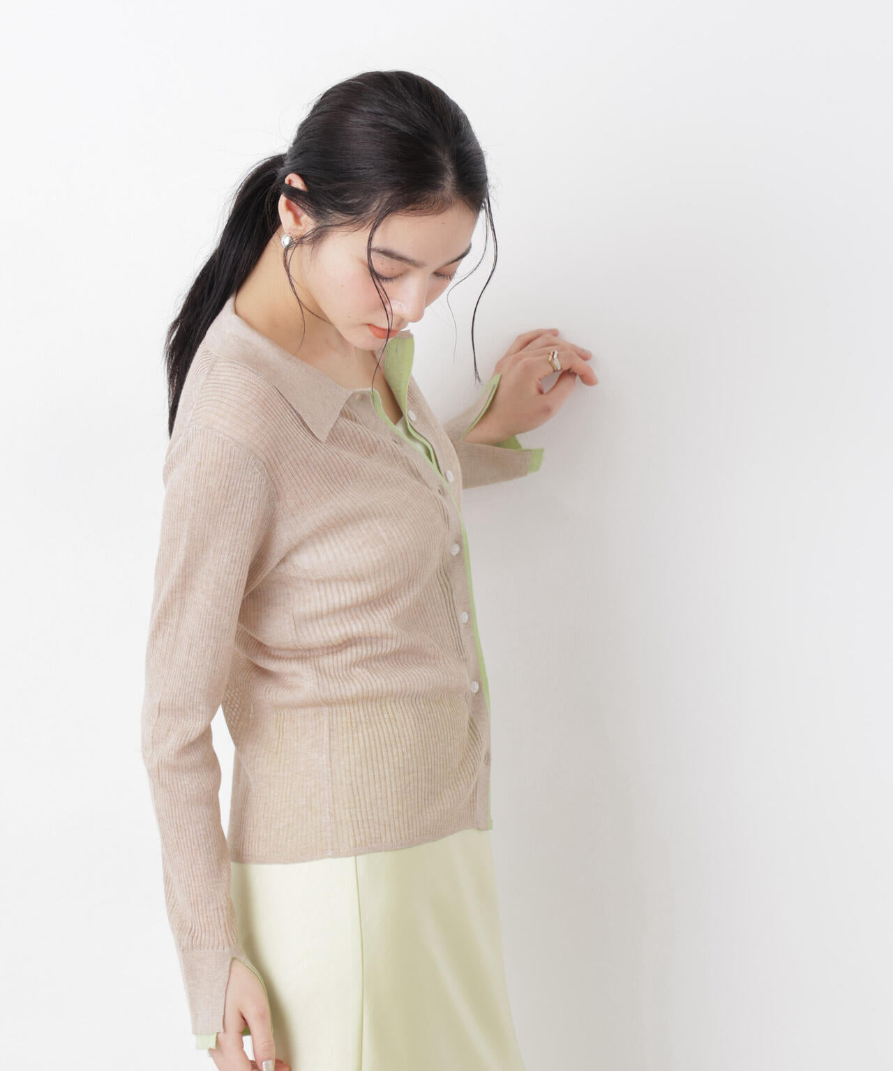 バイカラーシアーリブ衿付きカーディガン 6696122315