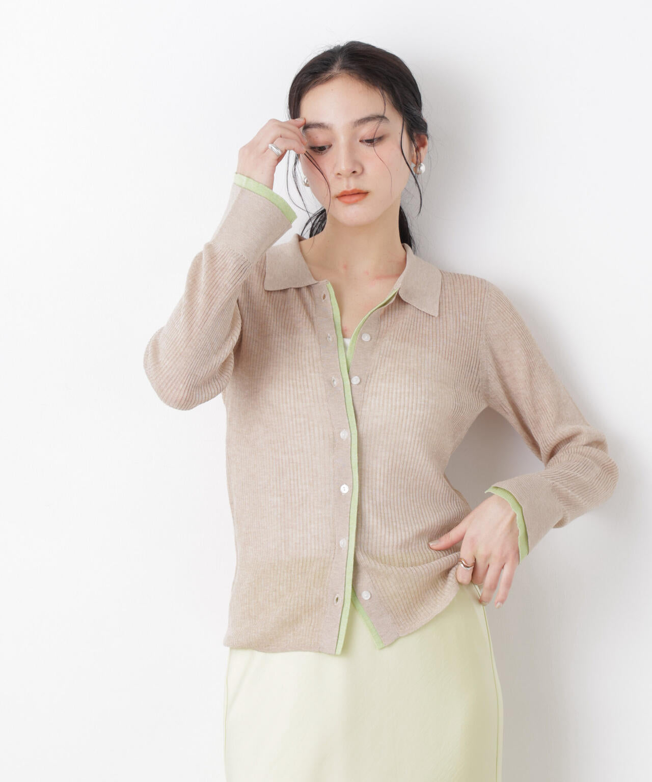 バイカラーシアーリブ衿付きカーディガン 6696122315